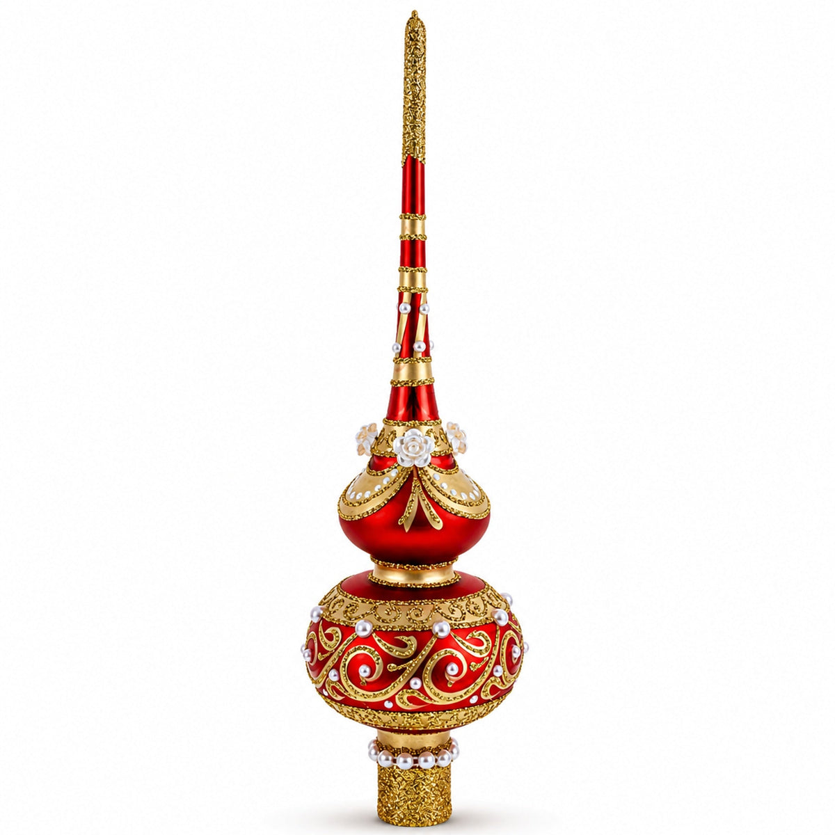 Dimensional Roses and Pearls on Golden ScrollGlass Christmas Tree Topper 11 Inches
