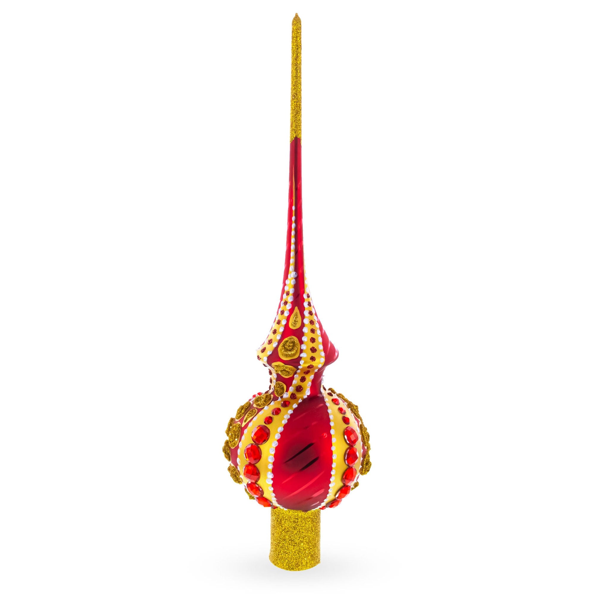 Dimensional Red Jewels on Golden Spirals Glass Christmas Tree Topper 11 Inches