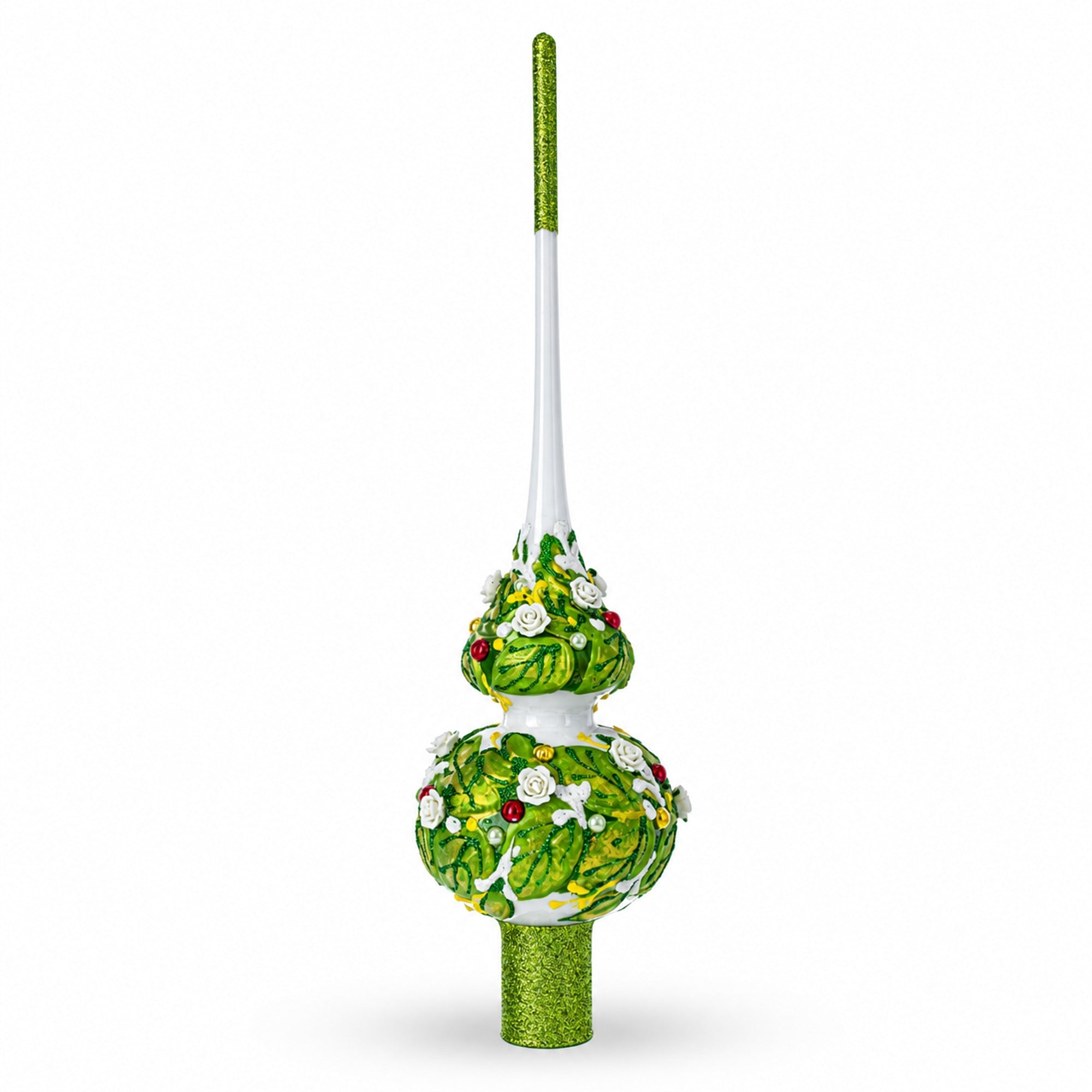 Dimensional White Roses on Green Leaves Glass Christmas Tree Topper 11 Inches