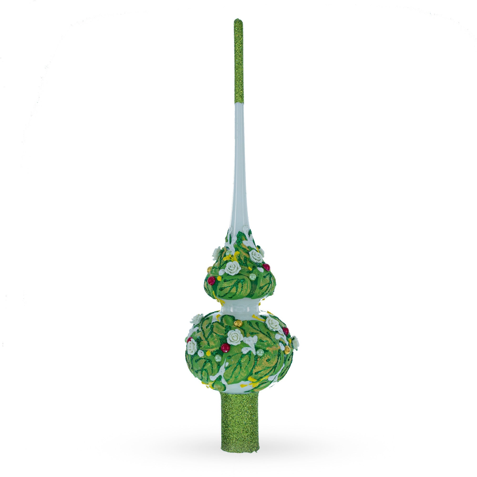 Dimensional White Roses on Green Leaves Glass Christmas Tree Topper 11 Inches