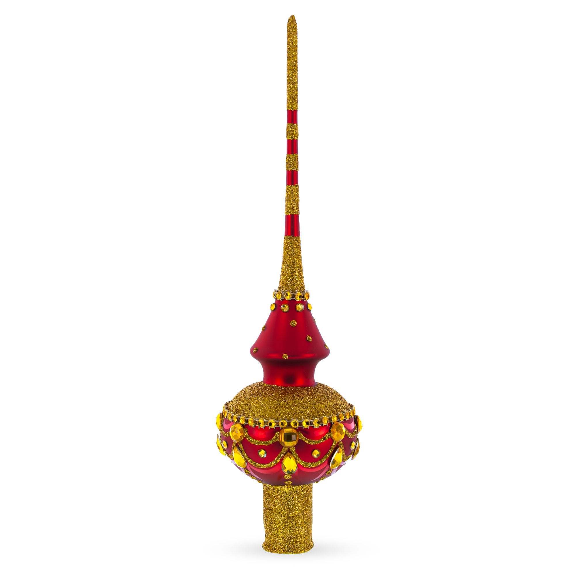 Dimensional Golden Jewels on Red Glass Christmas Tree Topper 11 Inches