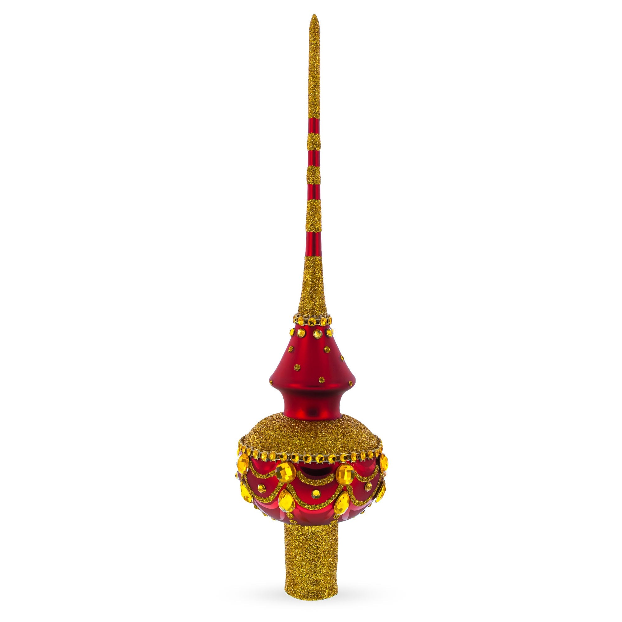 Dimensional Golden Jewels on Red Glass Christmas Tree Topper 11 Inches