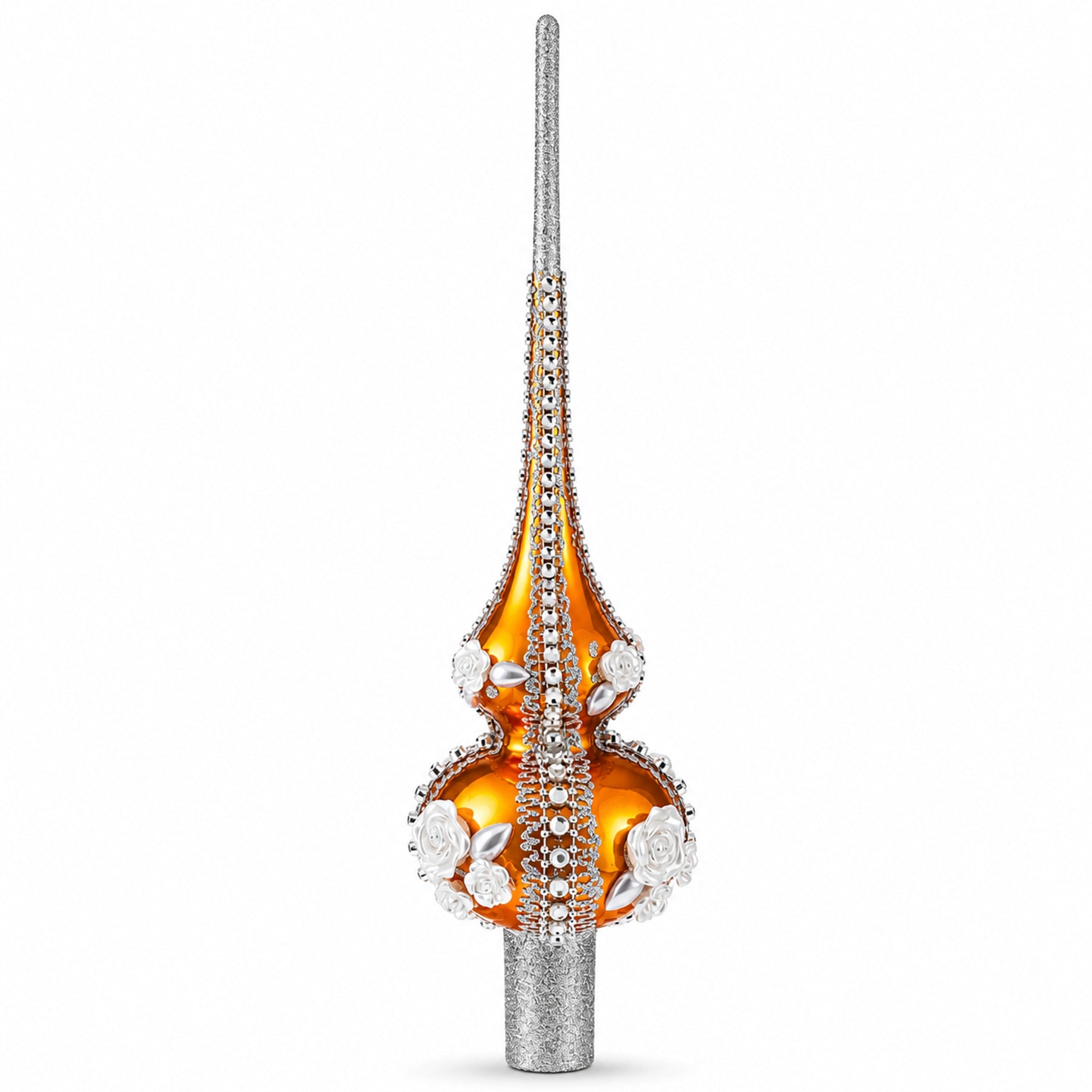 Dimensional Pearl Roses on Gold Glass Christmas Tree Topper 11 Inches