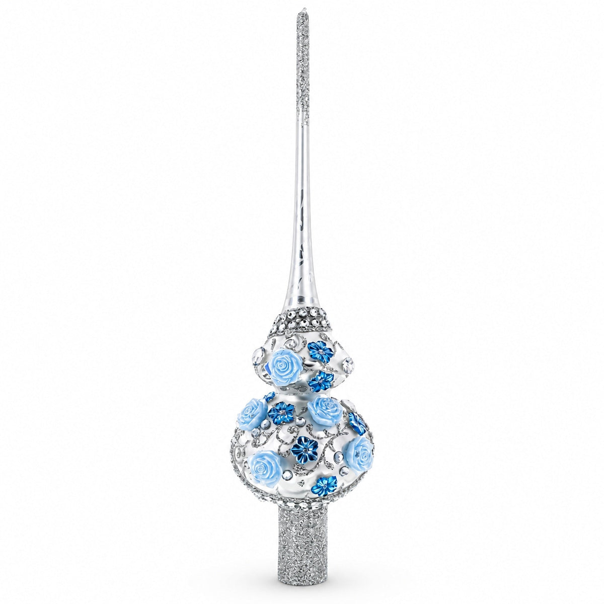 Dimensional Blue Roses and Flowers on Silver Glass Christmas Tree Topper 11 Inches