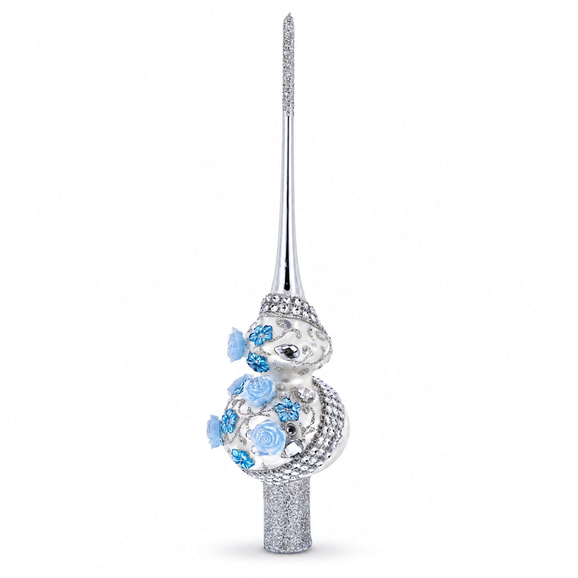 Dimensional Blue Roses and Flowers on Silver Glass Christmas Tree Topper 11 Inches