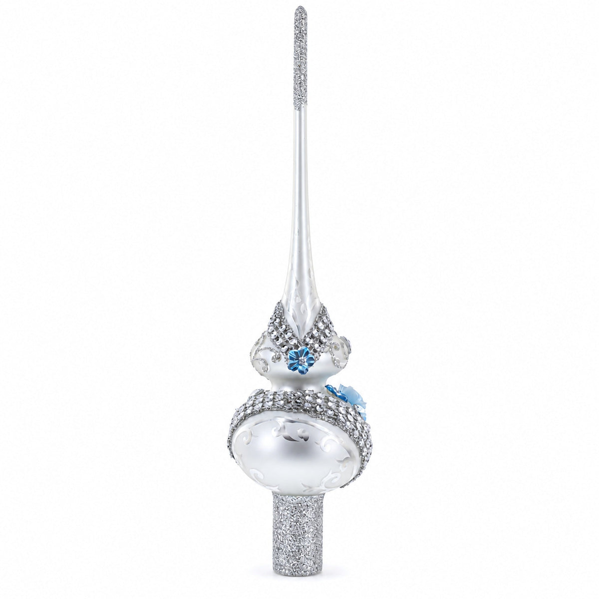 Dimensional Blue Roses and Flowers on Silver Glass Christmas Tree Topper 11 Inches