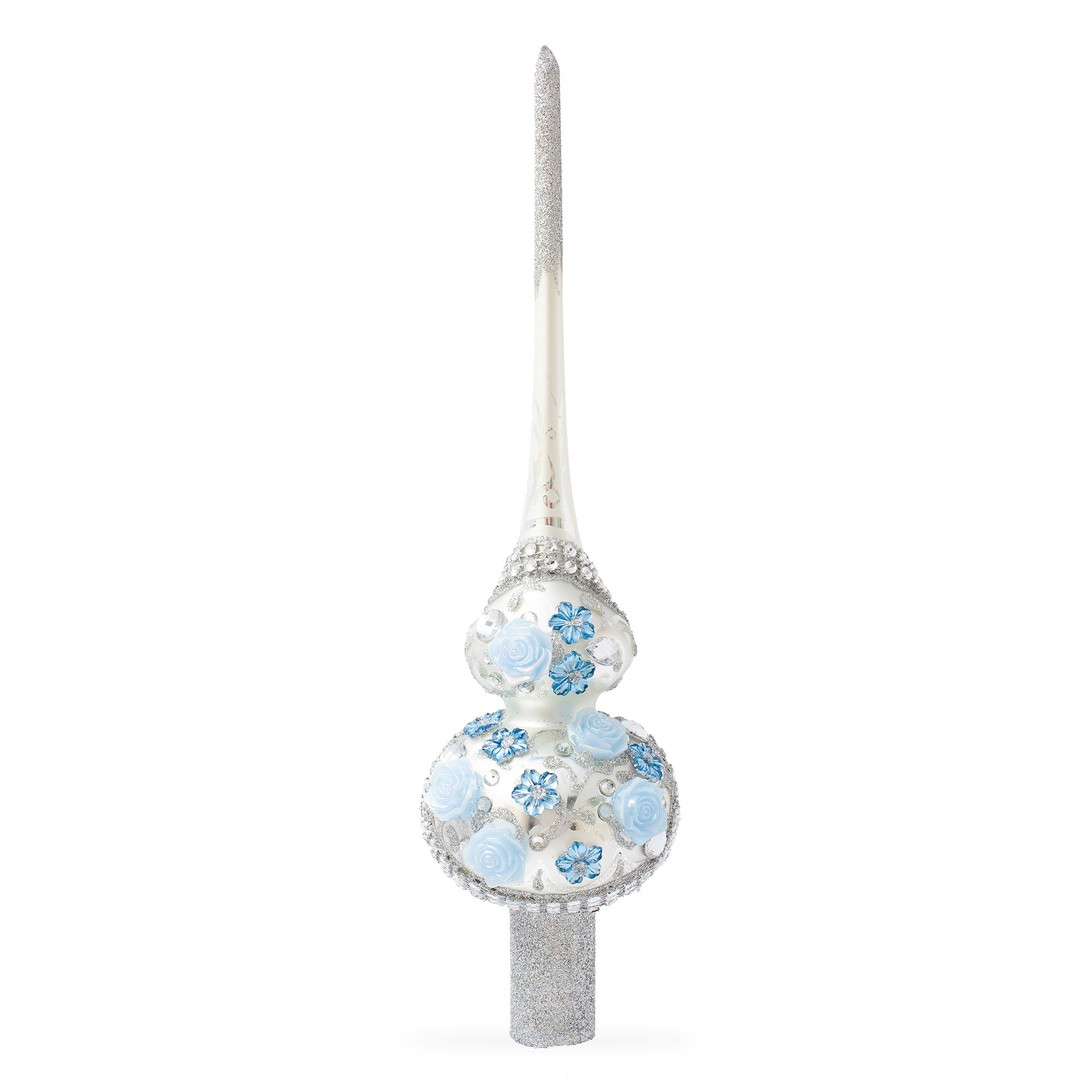 Dimensional Blue Roses and Flowers on Silver Glass Christmas Tree Topper 11 Inches