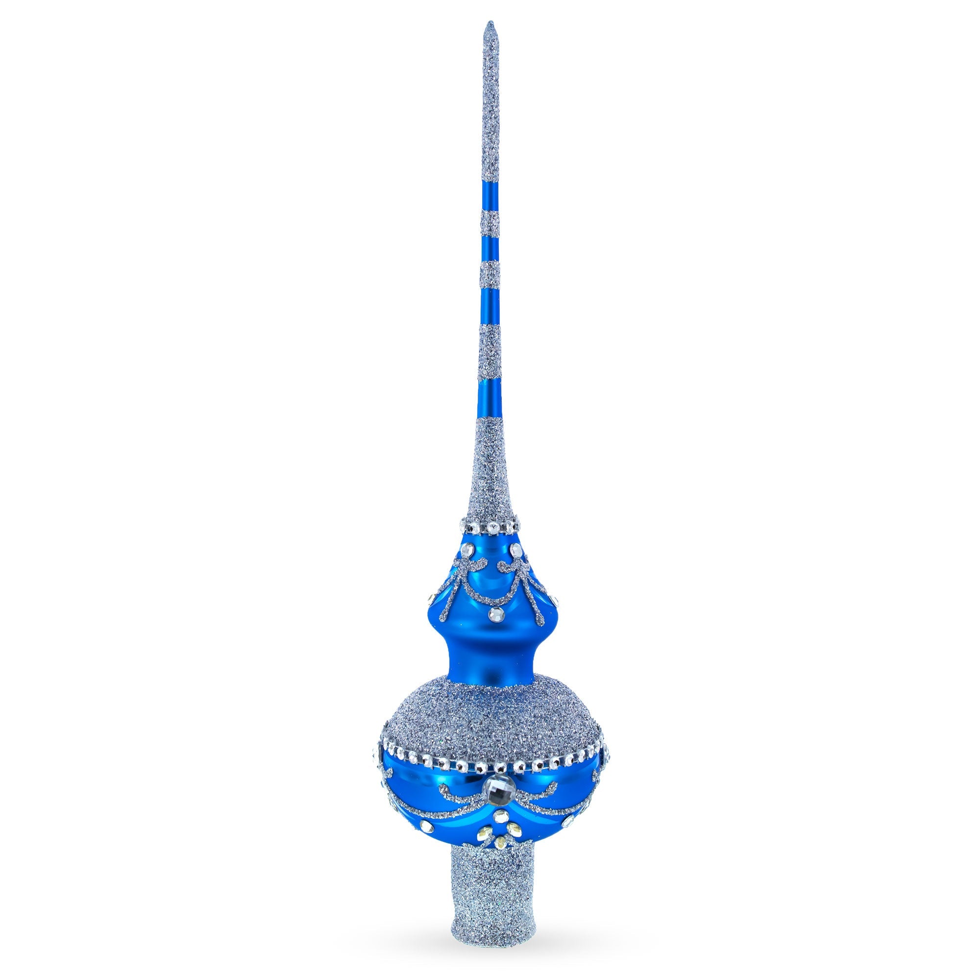 White Jewels and Silver on Blue Glass Christmas Tree Topper 11 Inches