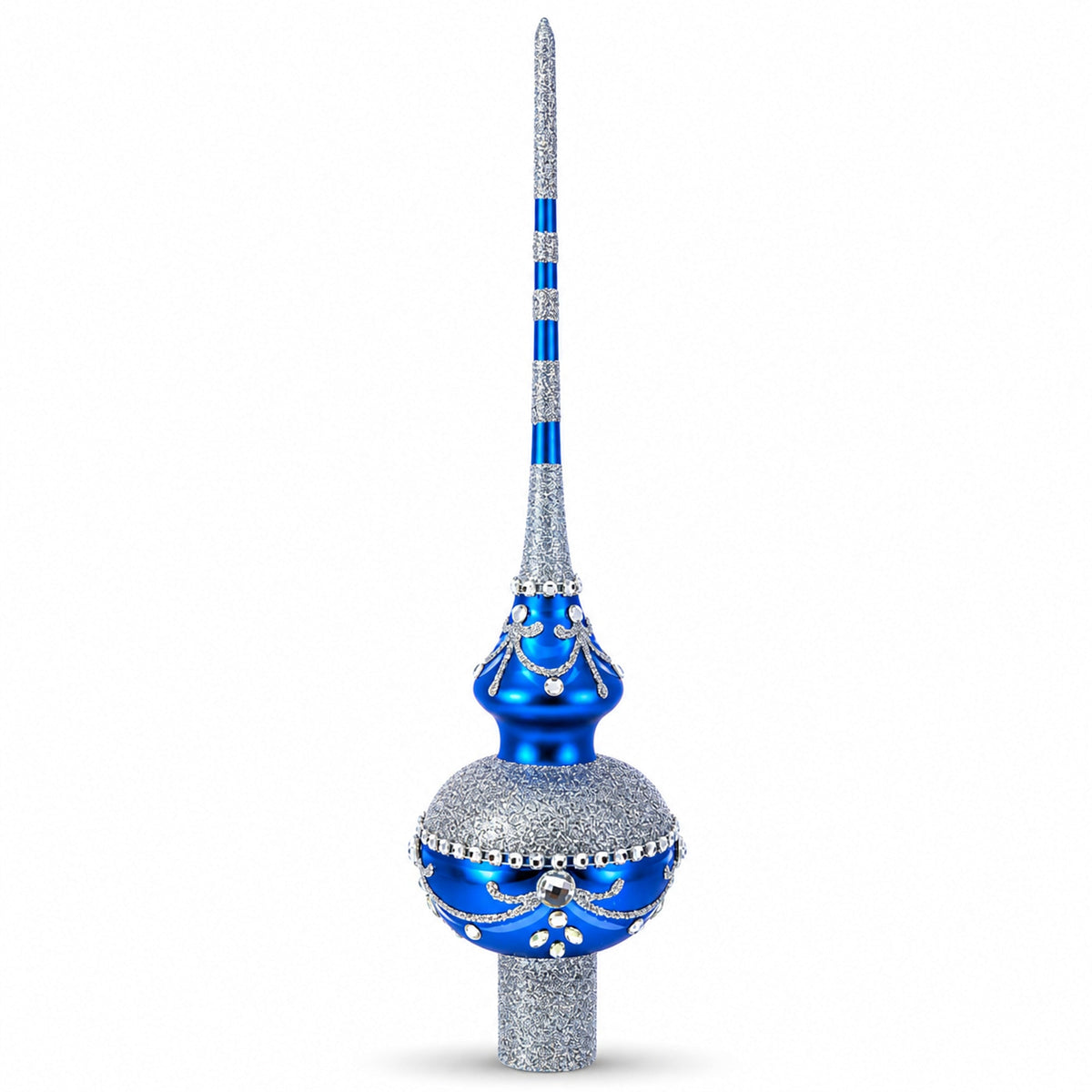 White Jewels and Silver on Blue Glass Christmas Tree Topper 11 Inches