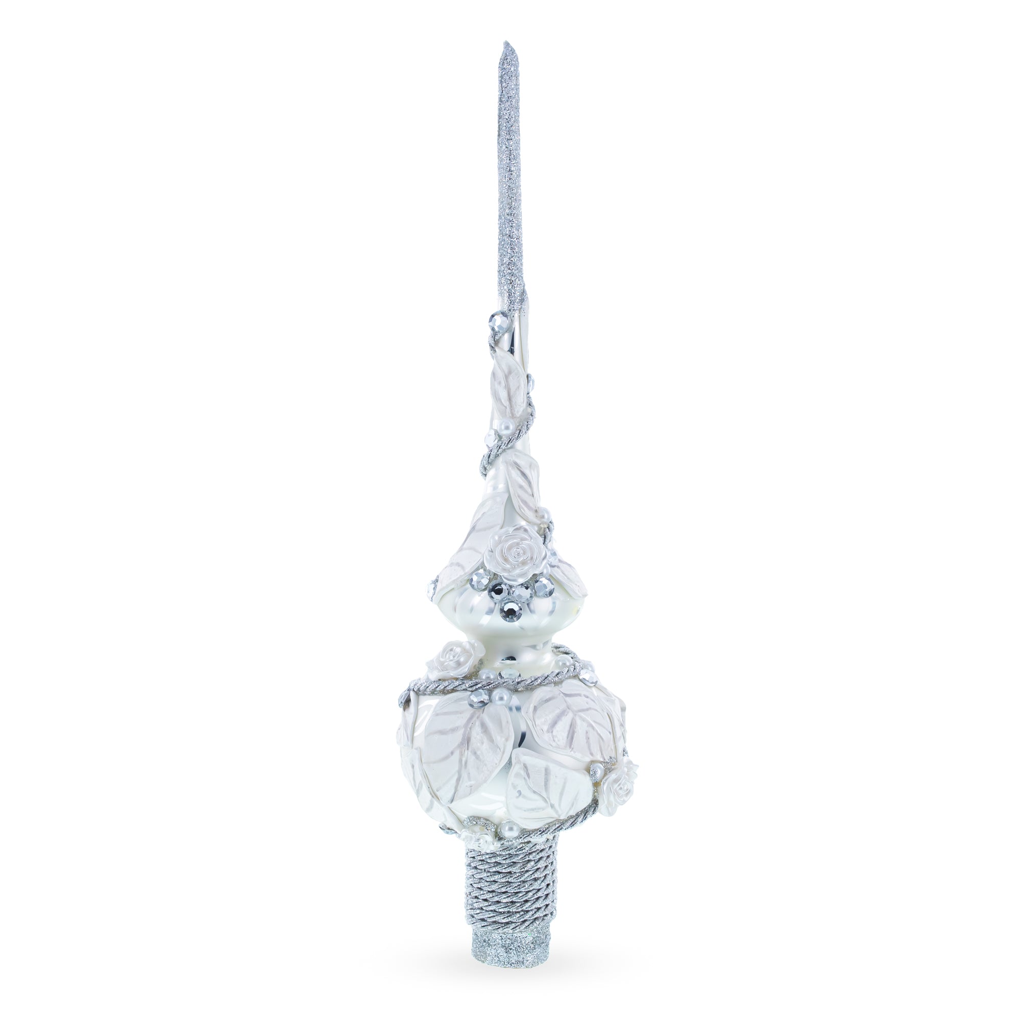 White Roses with Leaves on White Glass Christmas Tree Topper 11 Inches