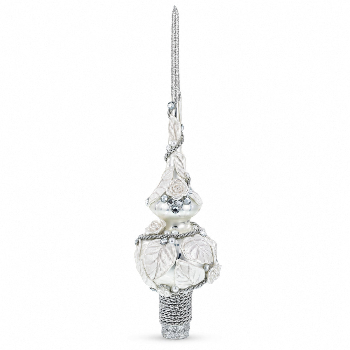 White Roses with Leaves on White Glass Christmas Tree Topper 11 Inches