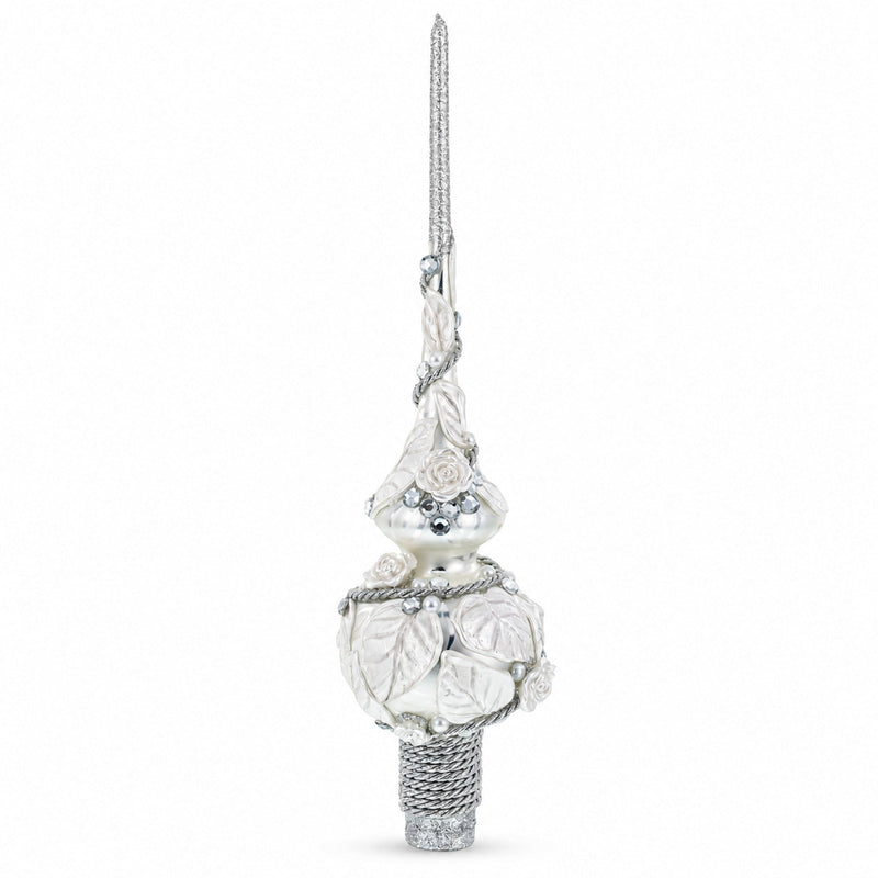 White Roses with Leaves on White Glass Christmas Tree Topper 11 Inches