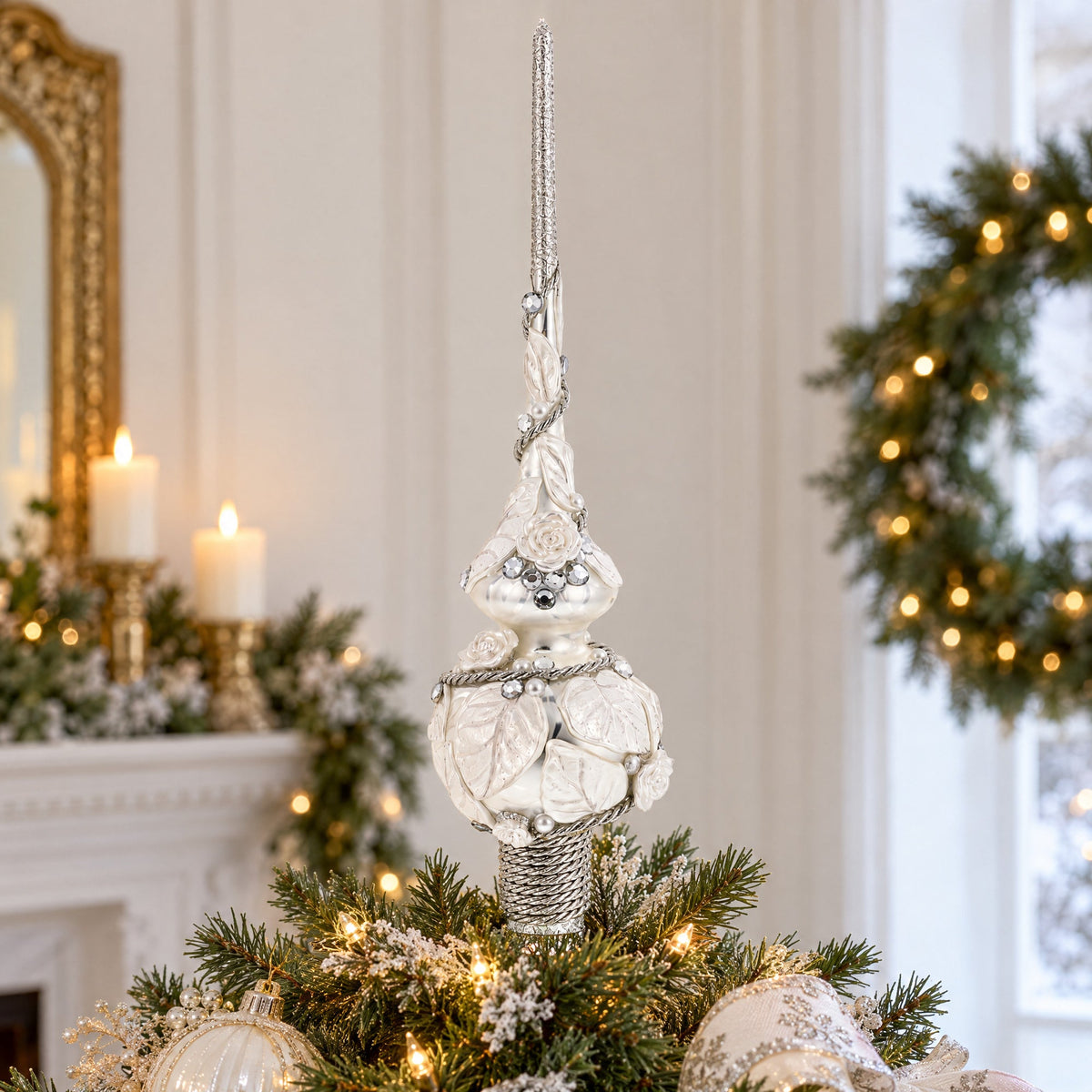 White Roses with Leaves on White Glass Christmas Tree Topper 11 Inches
