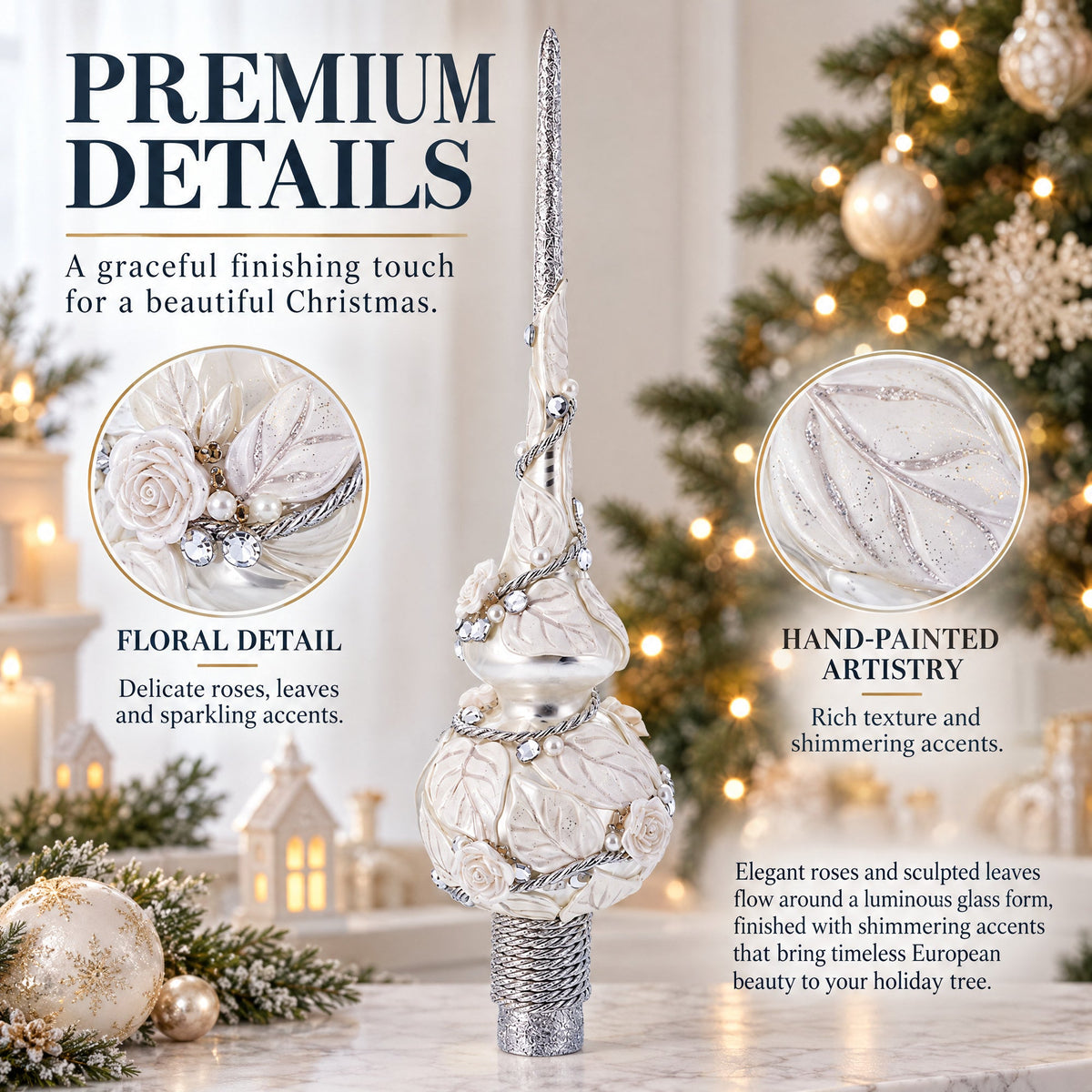 White Roses with Leaves on White Glass Christmas Tree Topper 11 Inches