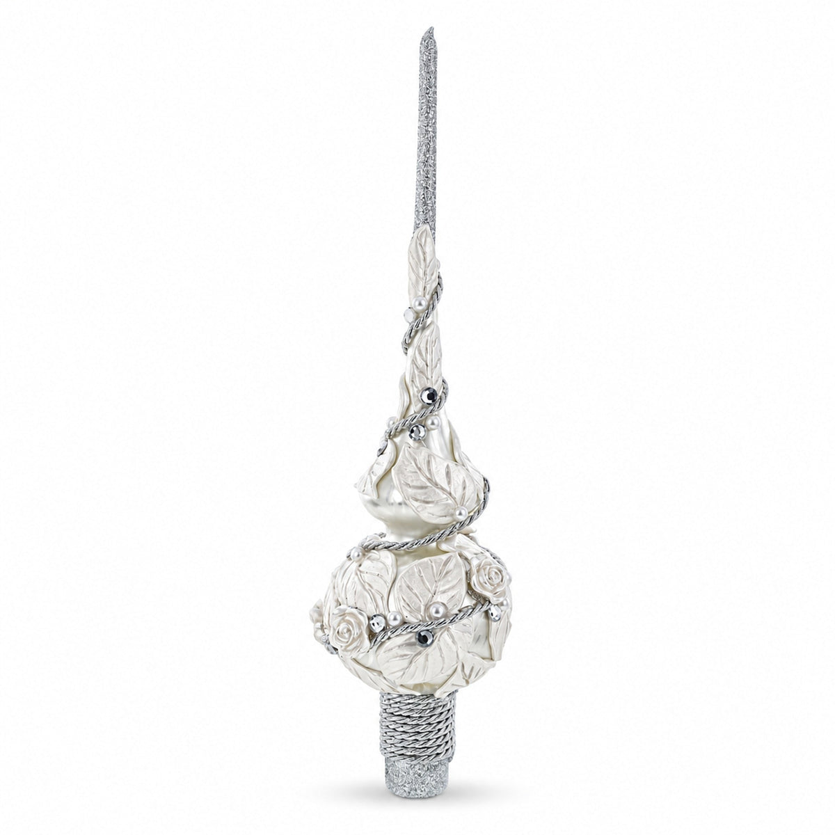 White Roses with Leaves on White Glass Christmas Tree Topper 11 Inches