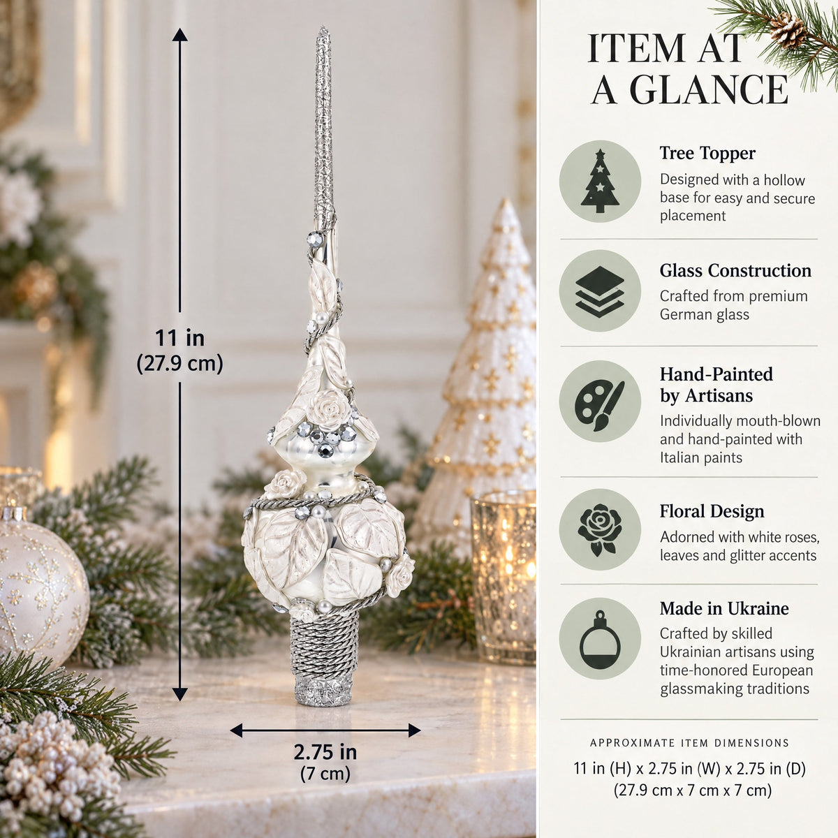 White Roses with Leaves on White Glass Christmas Tree Topper 11 Inches