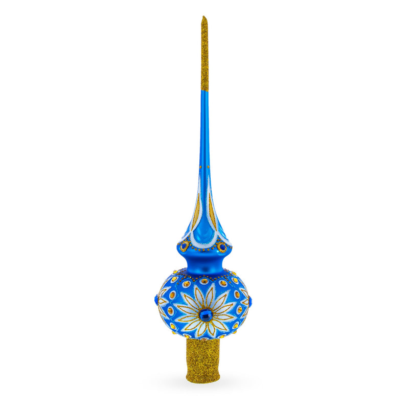 White Daisies on Blue Glass Christmas Tree Topper 11 Inches