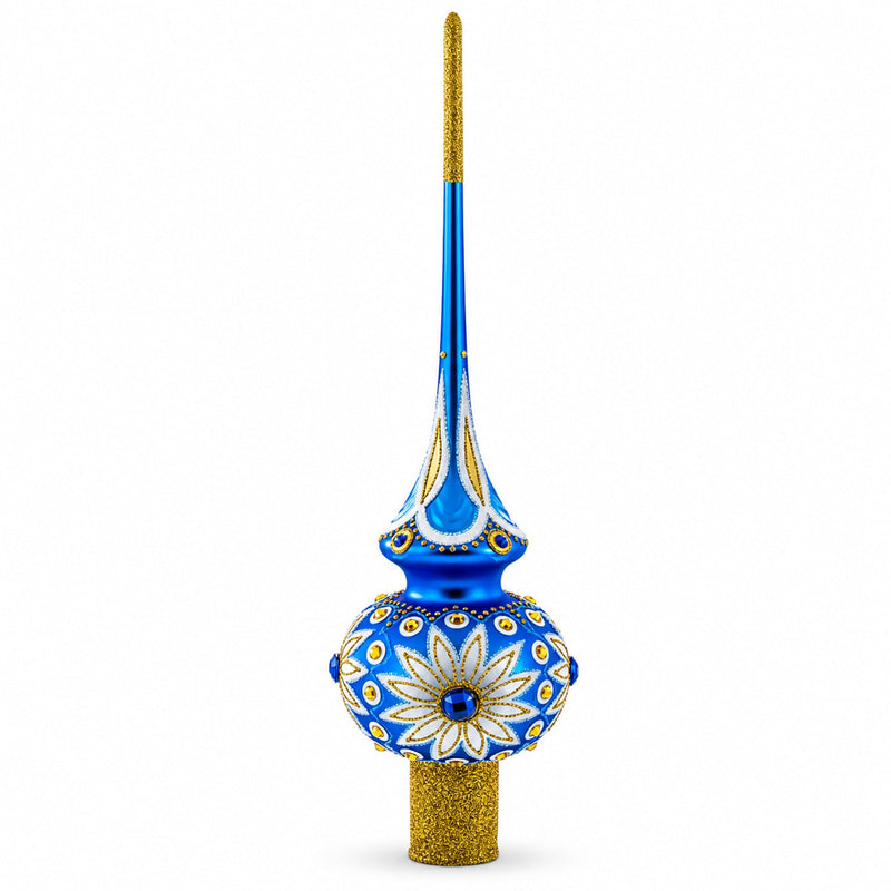 White Daisies on Blue Glass Christmas Tree Topper 11 Inches