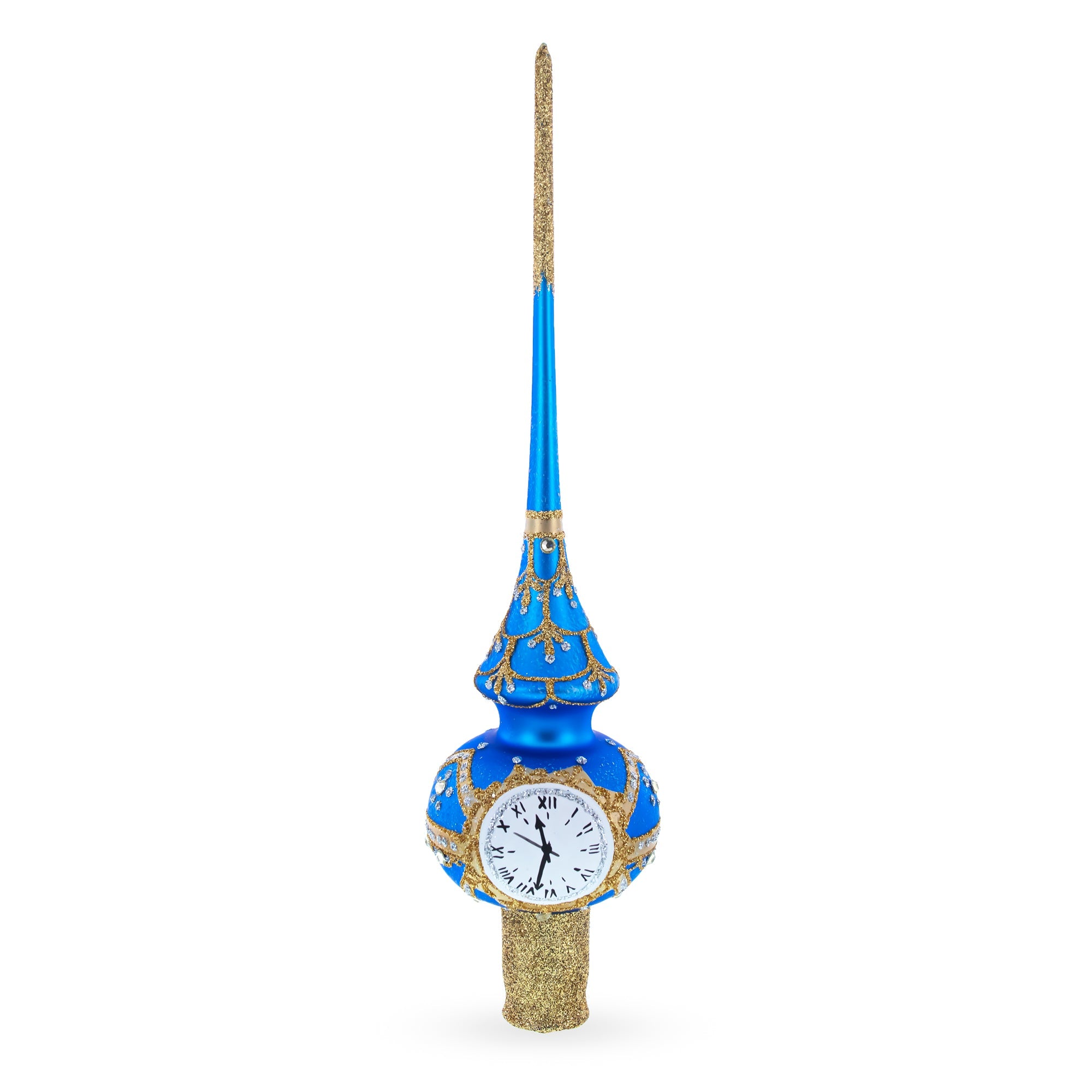 White Dial Clock on Blue and Gold Glass Christmas Tree Topper 11 Inches
