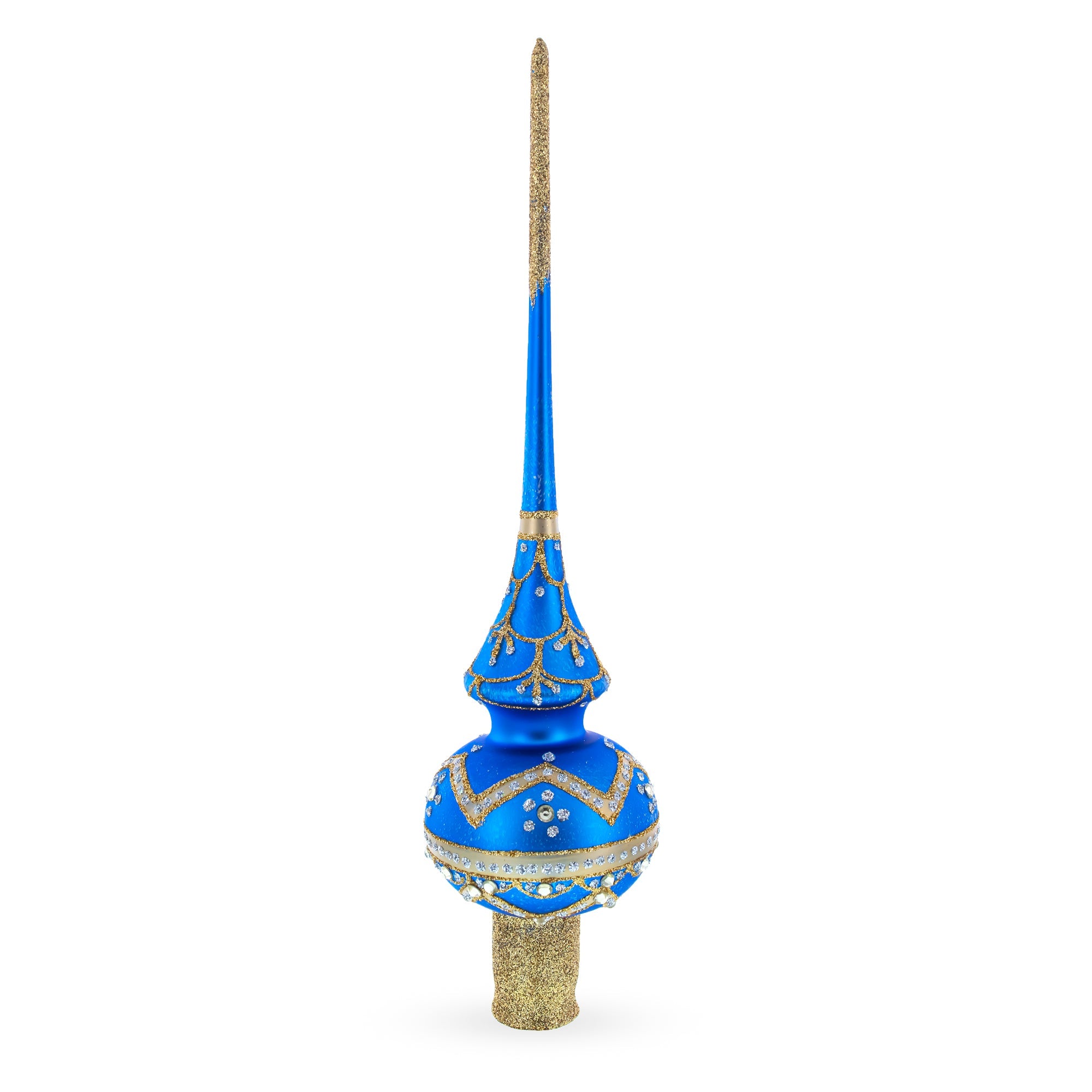 White Dial Clock on Blue and Gold Glass Christmas Tree Topper 11 Inches