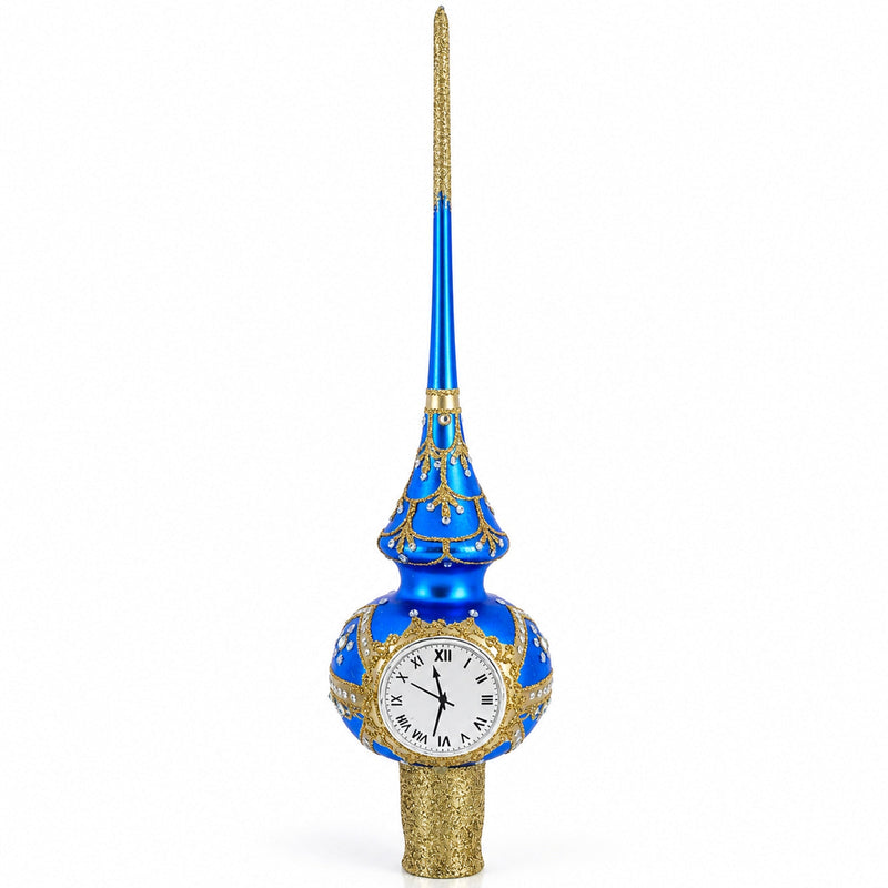 White Dial Clock on Blue and Gold Glass Christmas Tree Topper 11 Inches