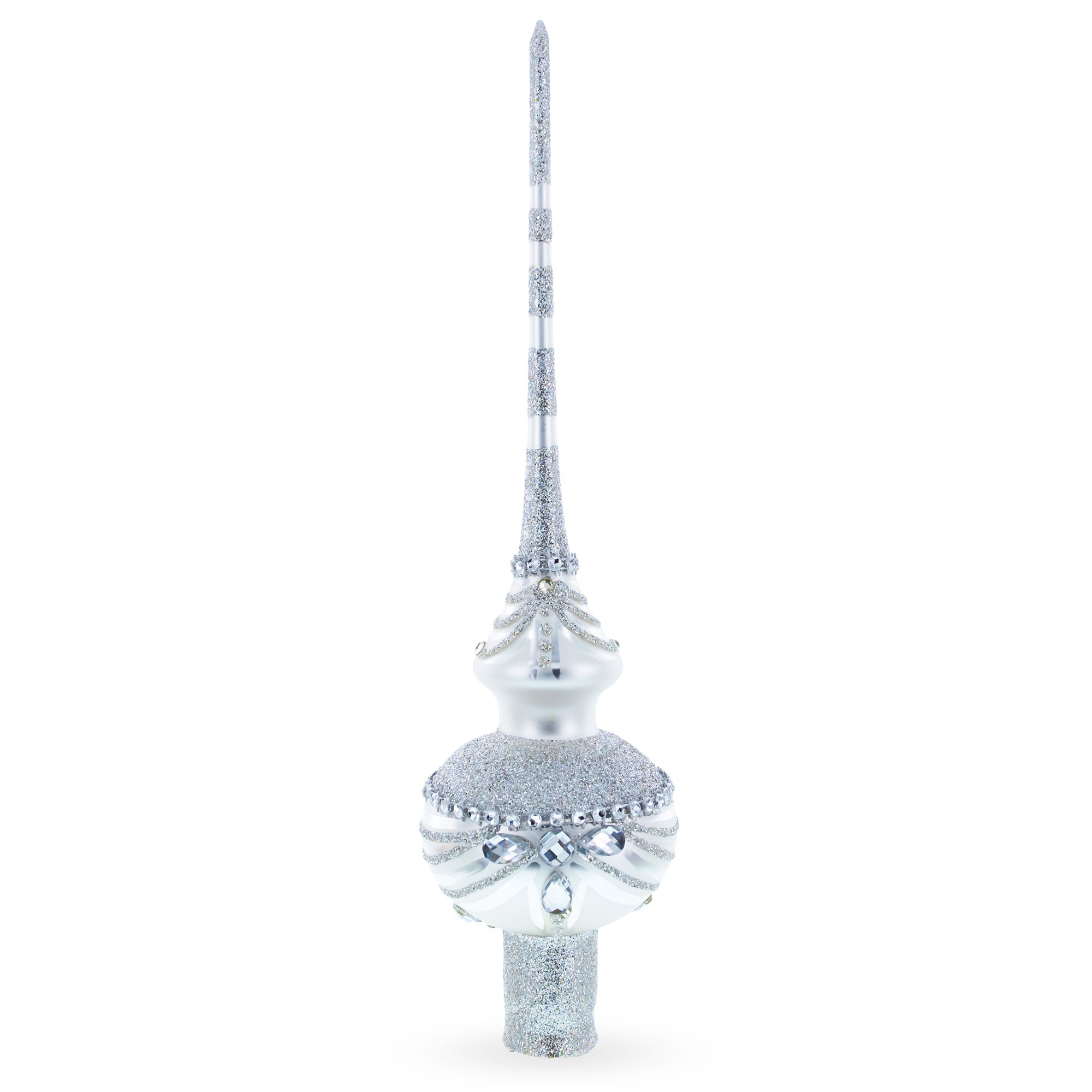 Dimensional White Jewels on White Glass Christmas Tree Topper 11 Inches