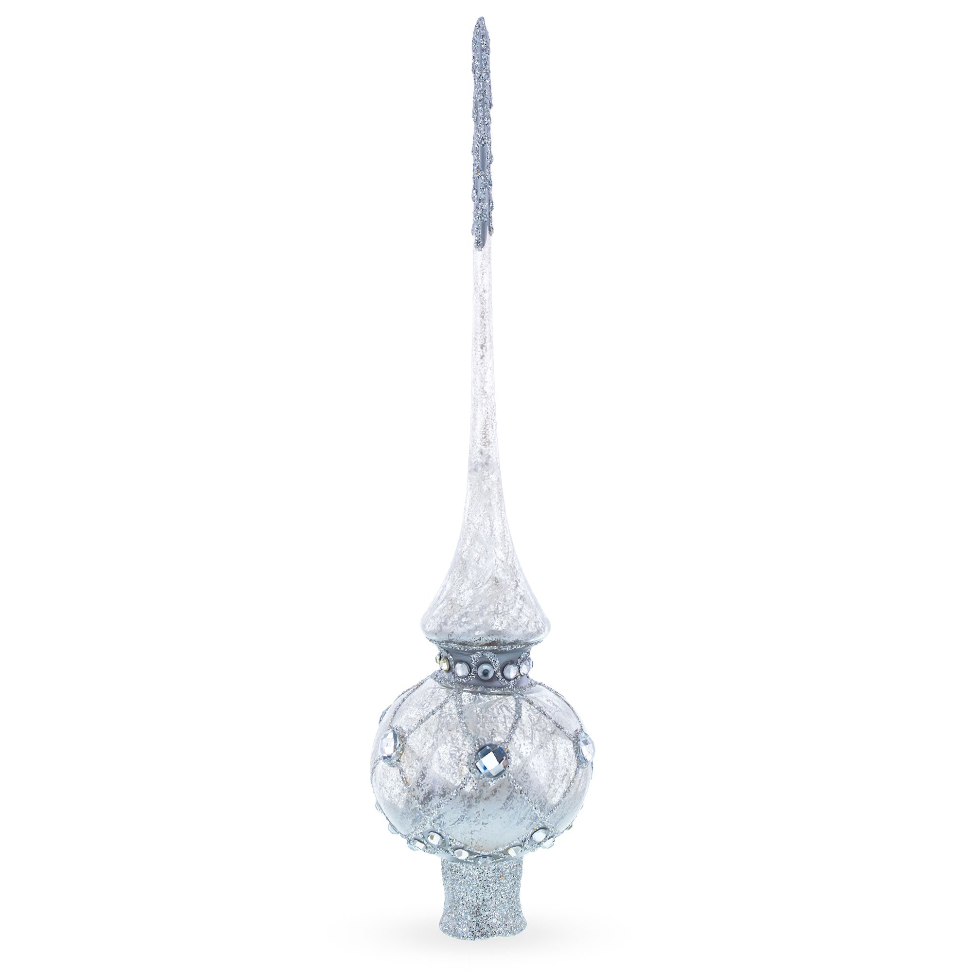 Dimensional White Jewels on Speckled Silver Glass Christmas Tree Topper 11 Inches