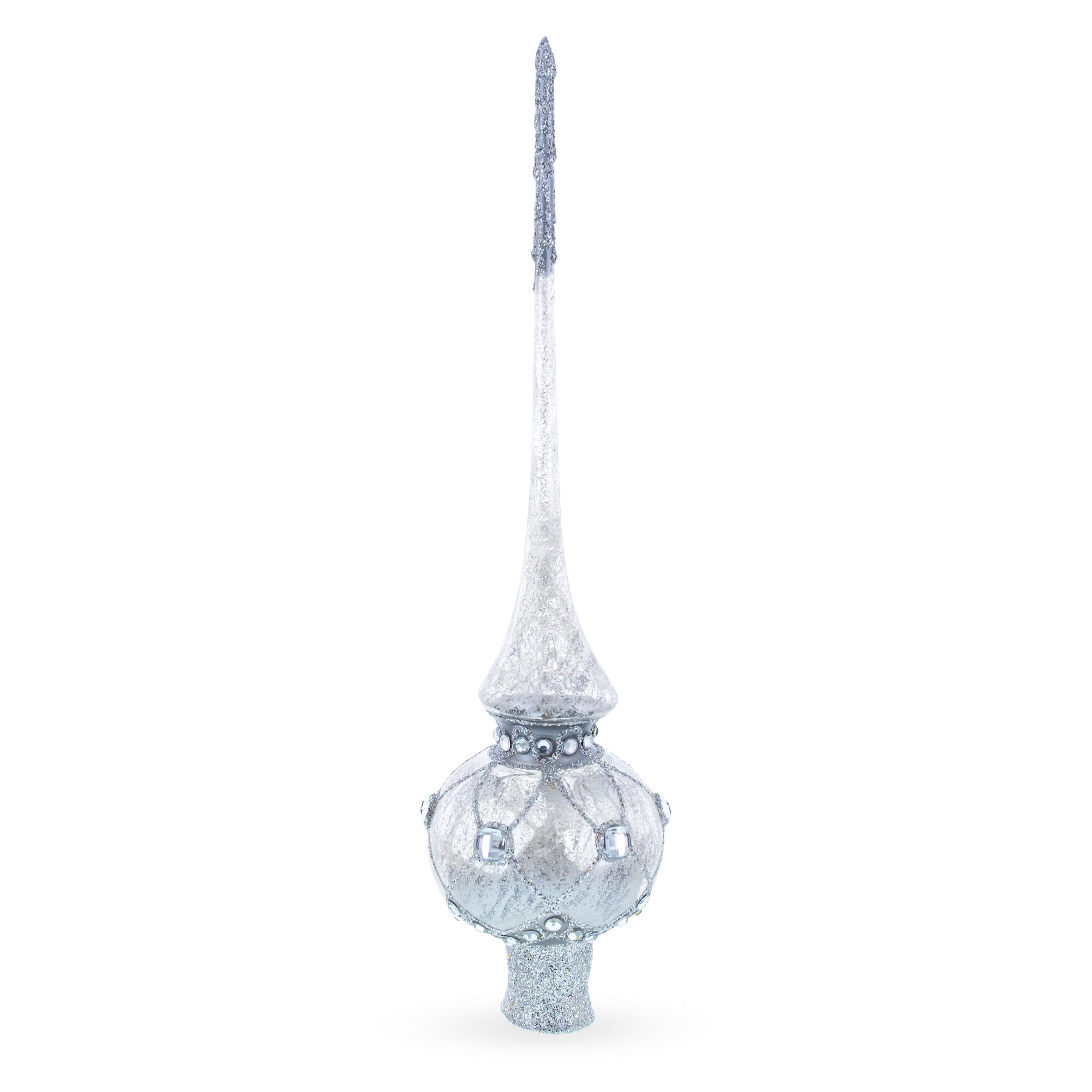 Dimensional White Jewels on Speckled Silver Glass Christmas Tree Topper 11 Inches