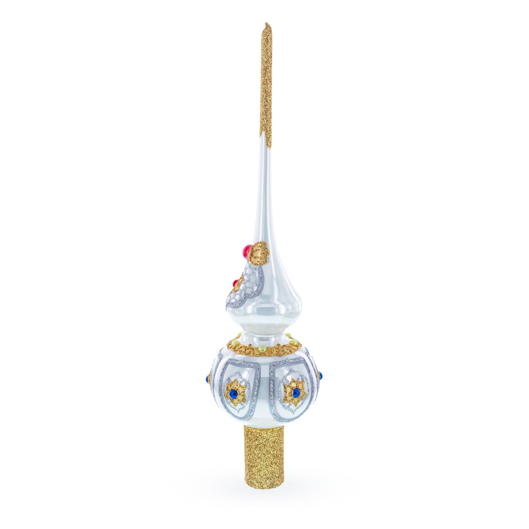 Dimensional Blue and Red Jewels on Silver Glass Christmas Tree Topper 11 Inches