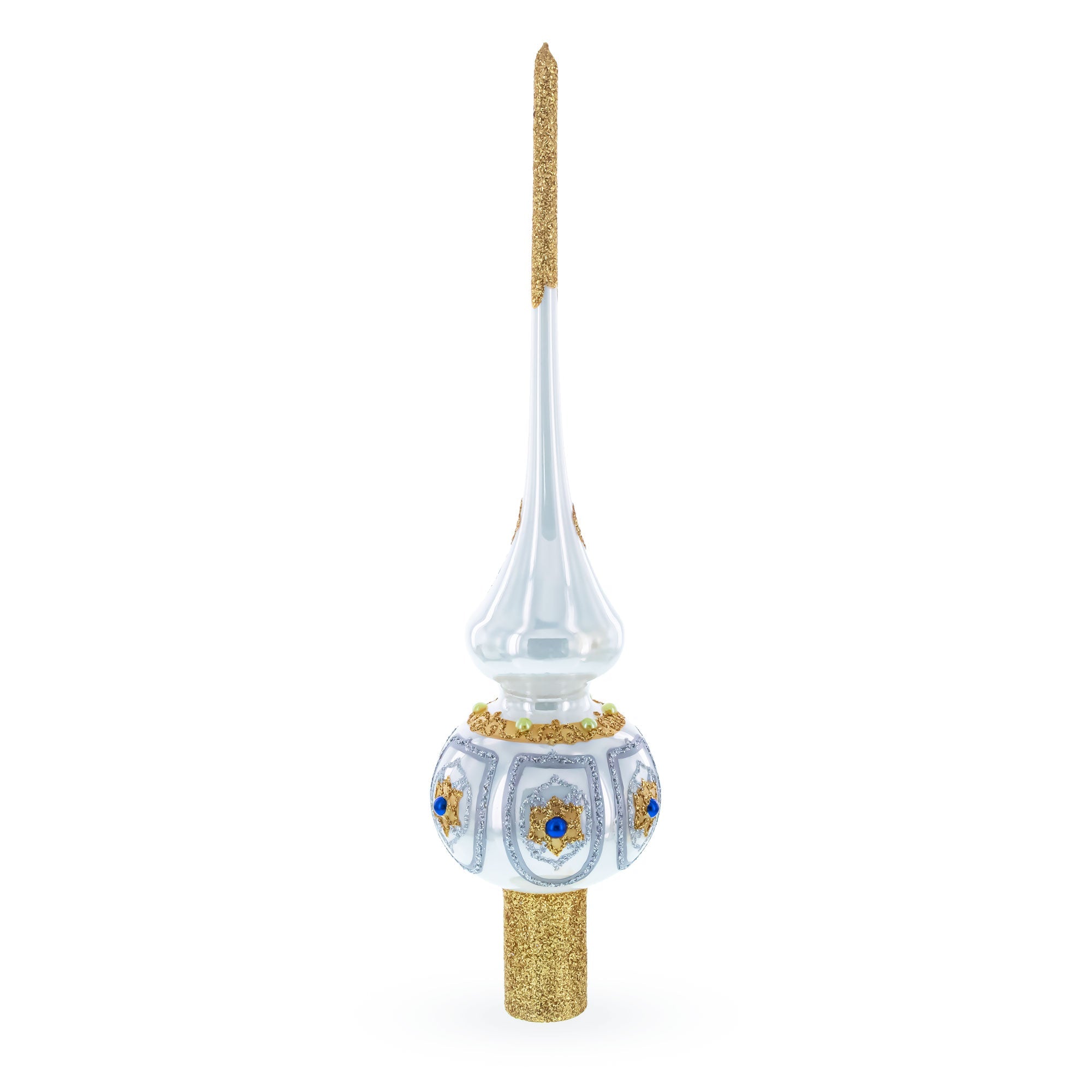 Dimensional Blue and Red Jewels on Silver Glass Christmas Tree Topper 11 Inches