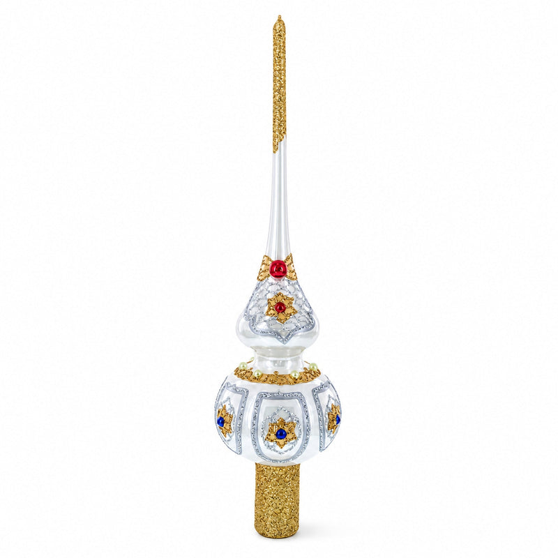 Dimensional Blue and Red Jewels on Silver Glass Christmas Tree Topper 11 Inches