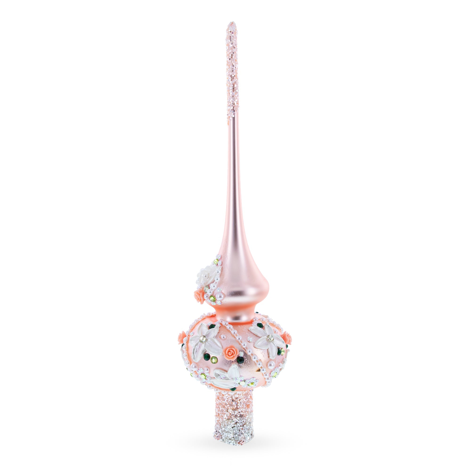 Pink Flowers on Metallic Rose Pink Glass Christmas Tree Topper 11 Inches