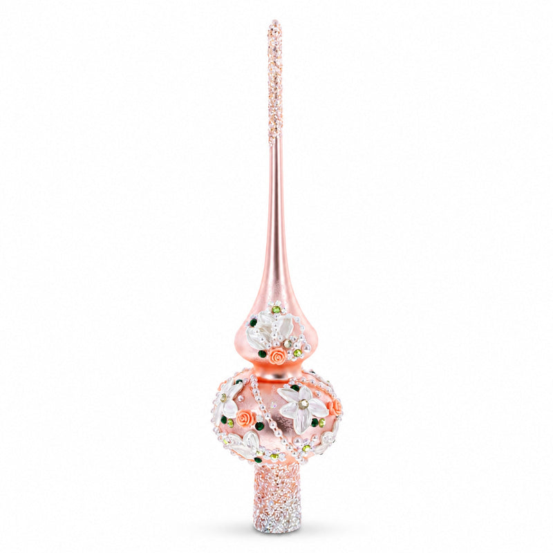 Pink Flowers on Metallic Rose Pink Glass Christmas Tree Topper 11 Inches