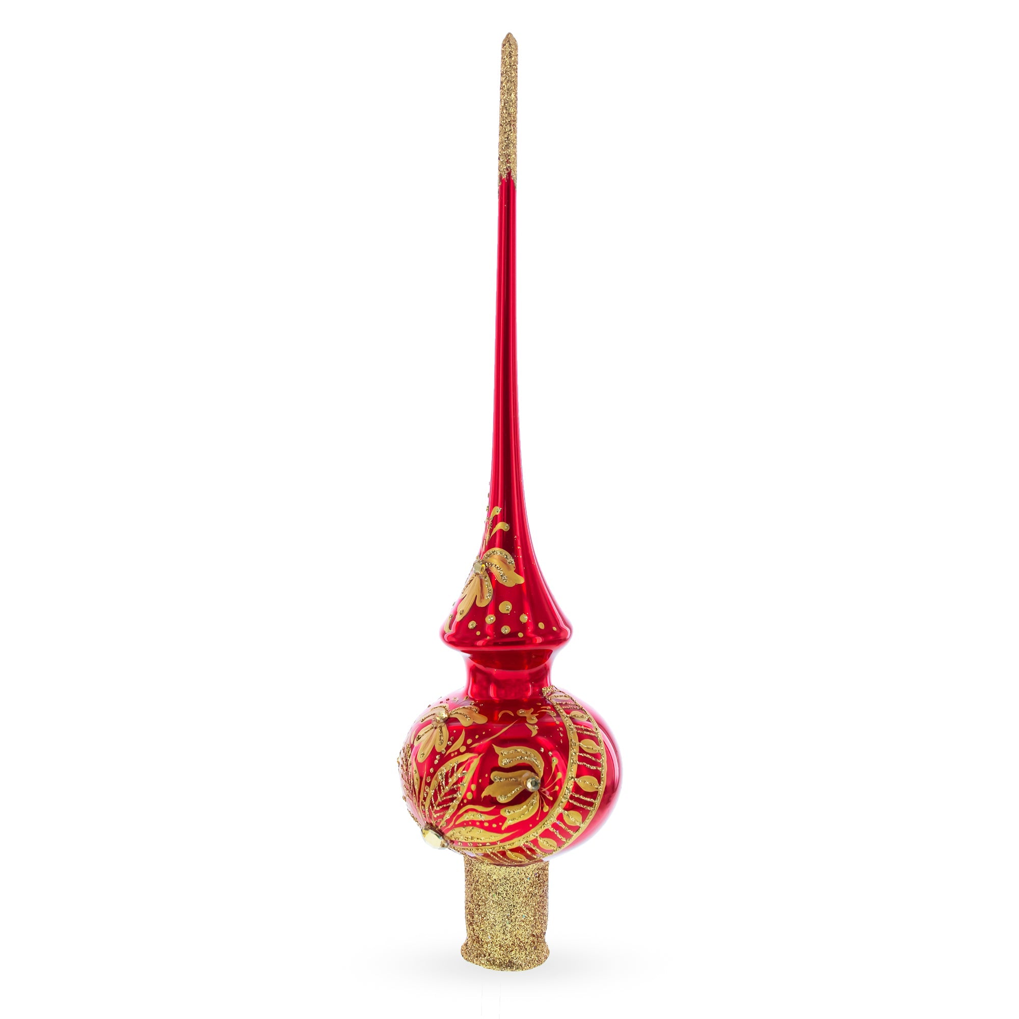 Golden Flowers Bouquet on Glossy Red Glass Christmas Tree Topper 11 Inches