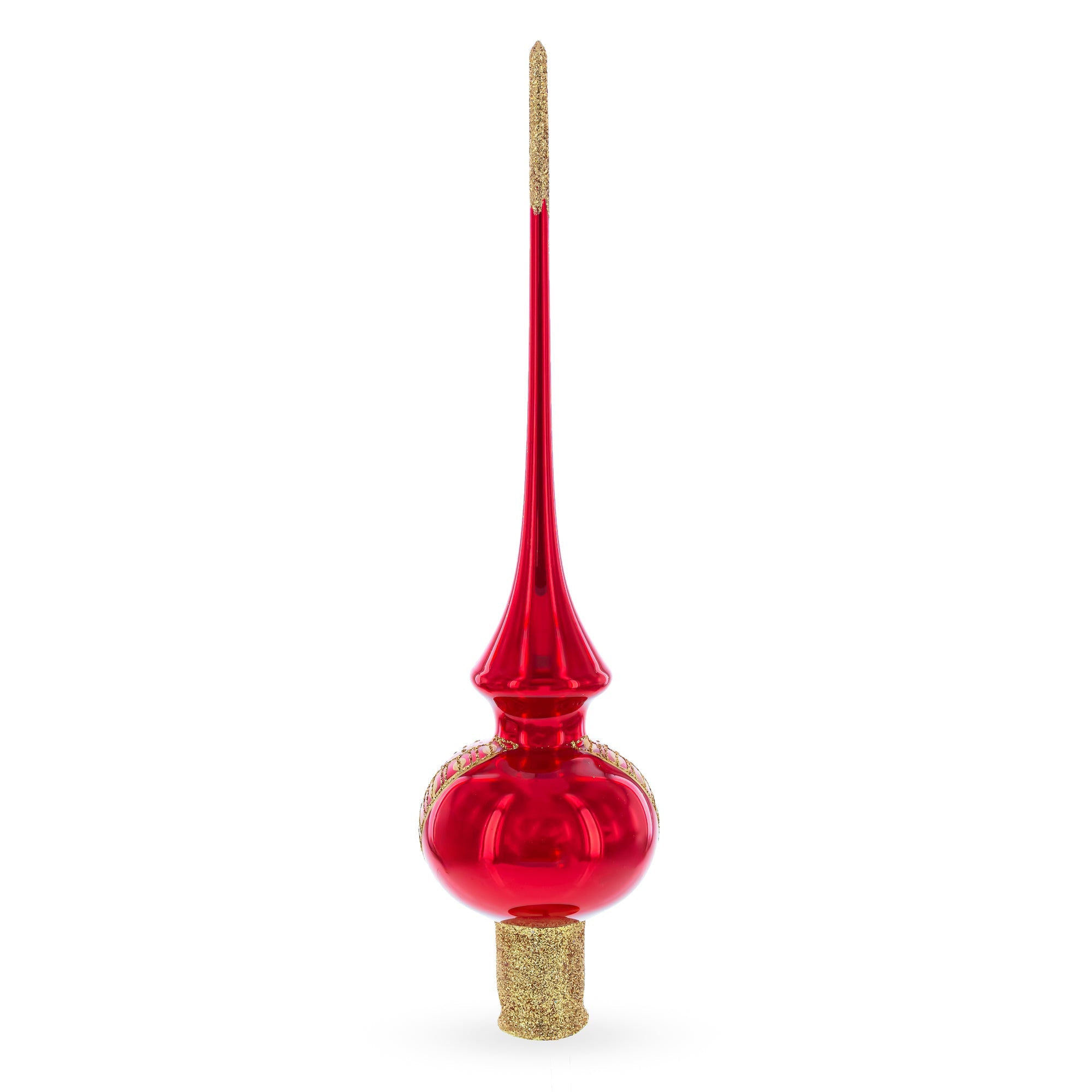 Golden Flowers Bouquet on Glossy Red Glass Christmas Tree Topper 11 Inches