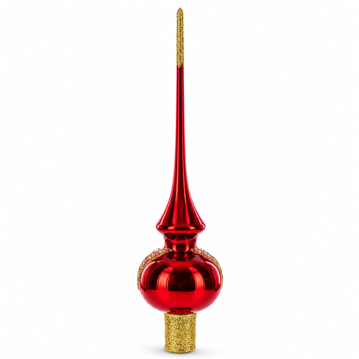 Golden Flowers Bouquet on Glossy Red Glass Christmas Tree Topper 11 Inches