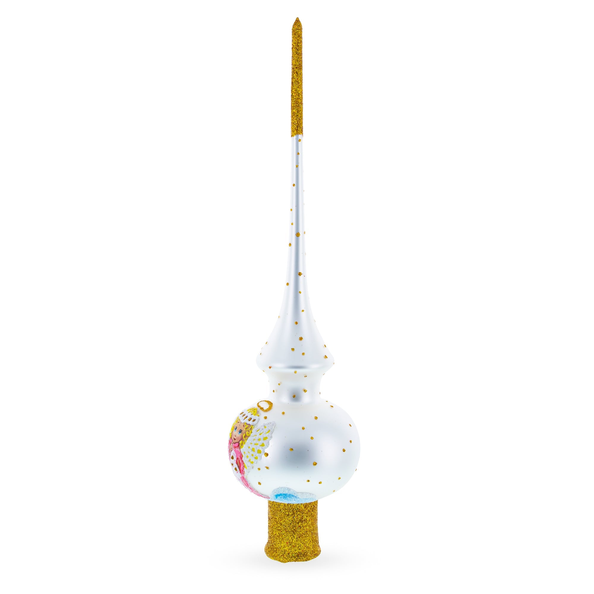 Angel on White Golden Flowers Bouquet Glass Christmas Tree Topper 11 Inches
