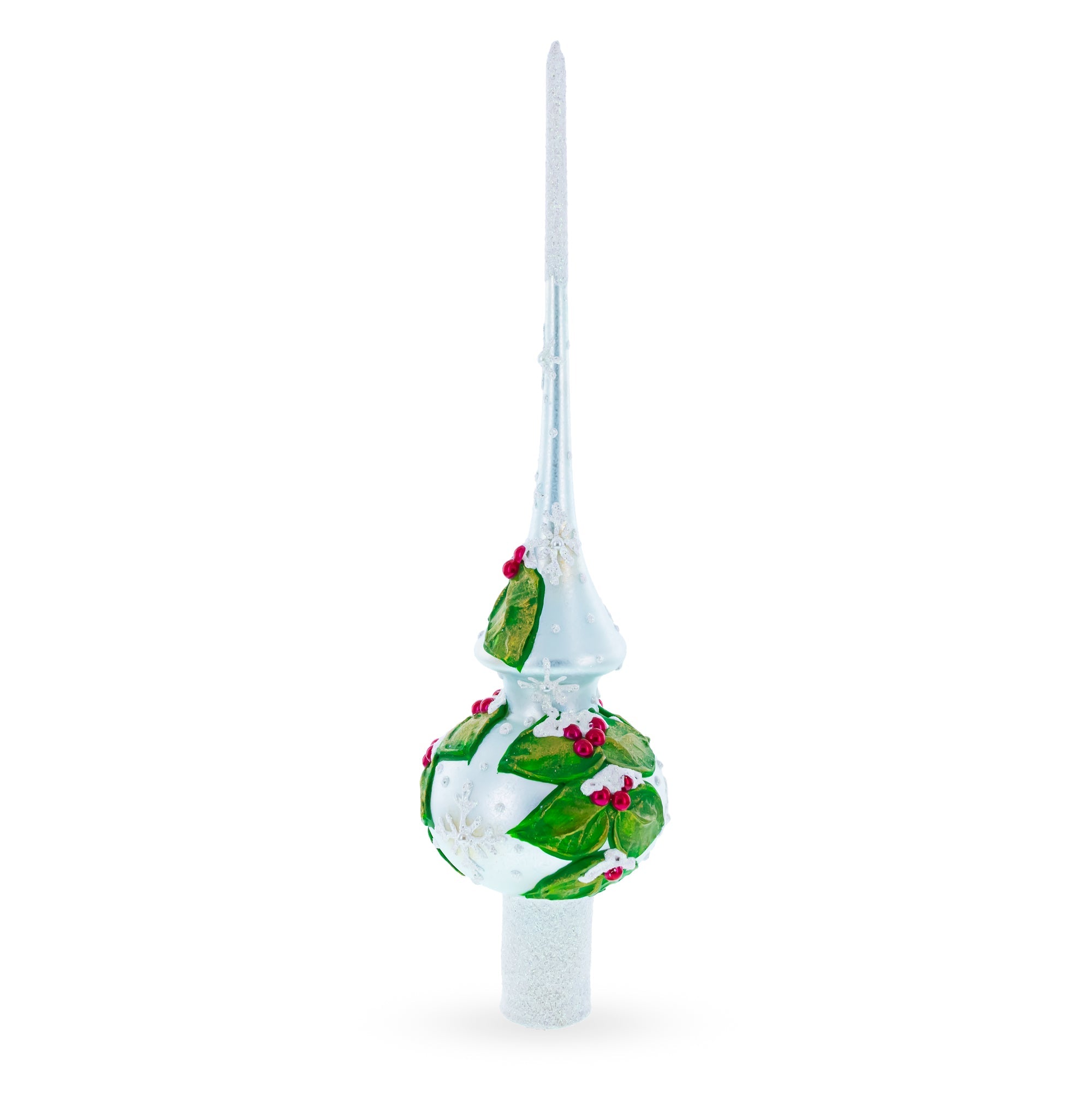 Dimensional Red Berries with Leaves on White Glass Christmas Tree Topper 11 Inches