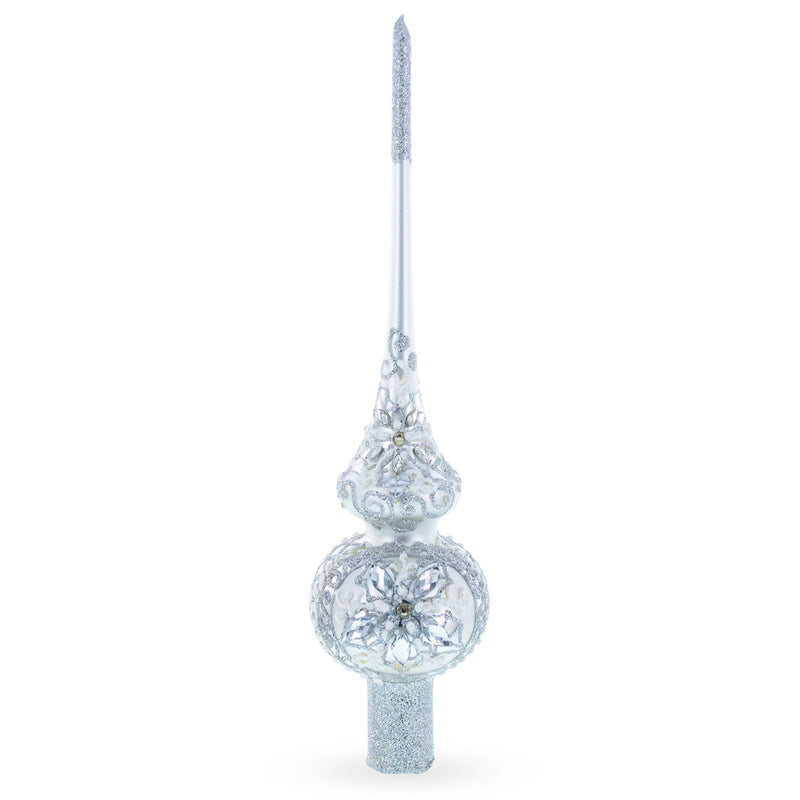 White Jewels Star on Glossy Silver Glass Christmas Tree Topper 11 Inches