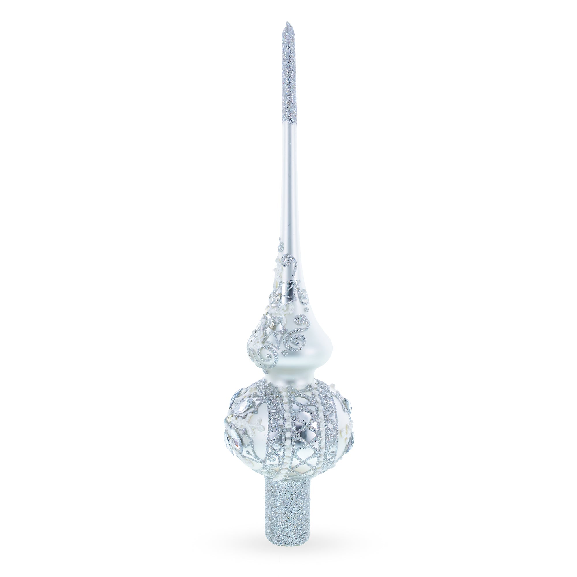 White Jewels Star on Glossy Silver Glass Christmas Tree Topper 11 Inches