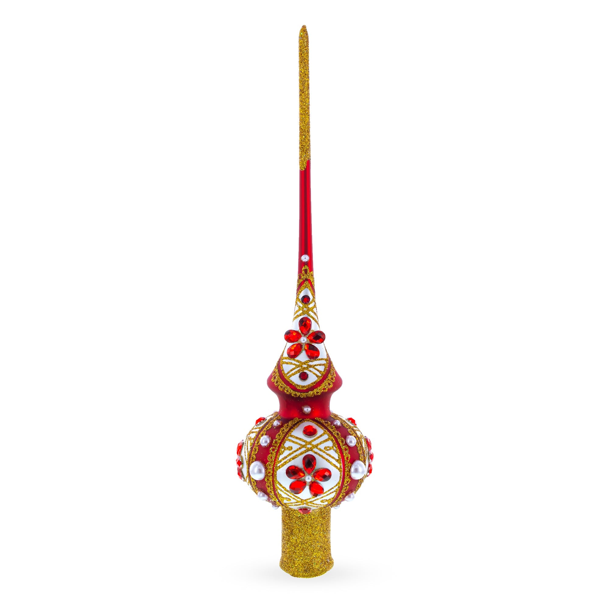 Red Jewels and White Pearls on Red Glass Christmas Tree Topper 11 Inches