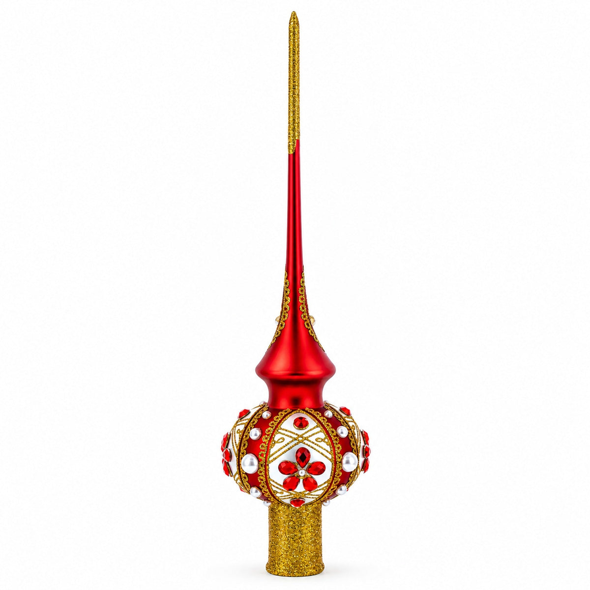Red Jewels and White Pearls on Red Glass Christmas Tree Topper 11 Inches
