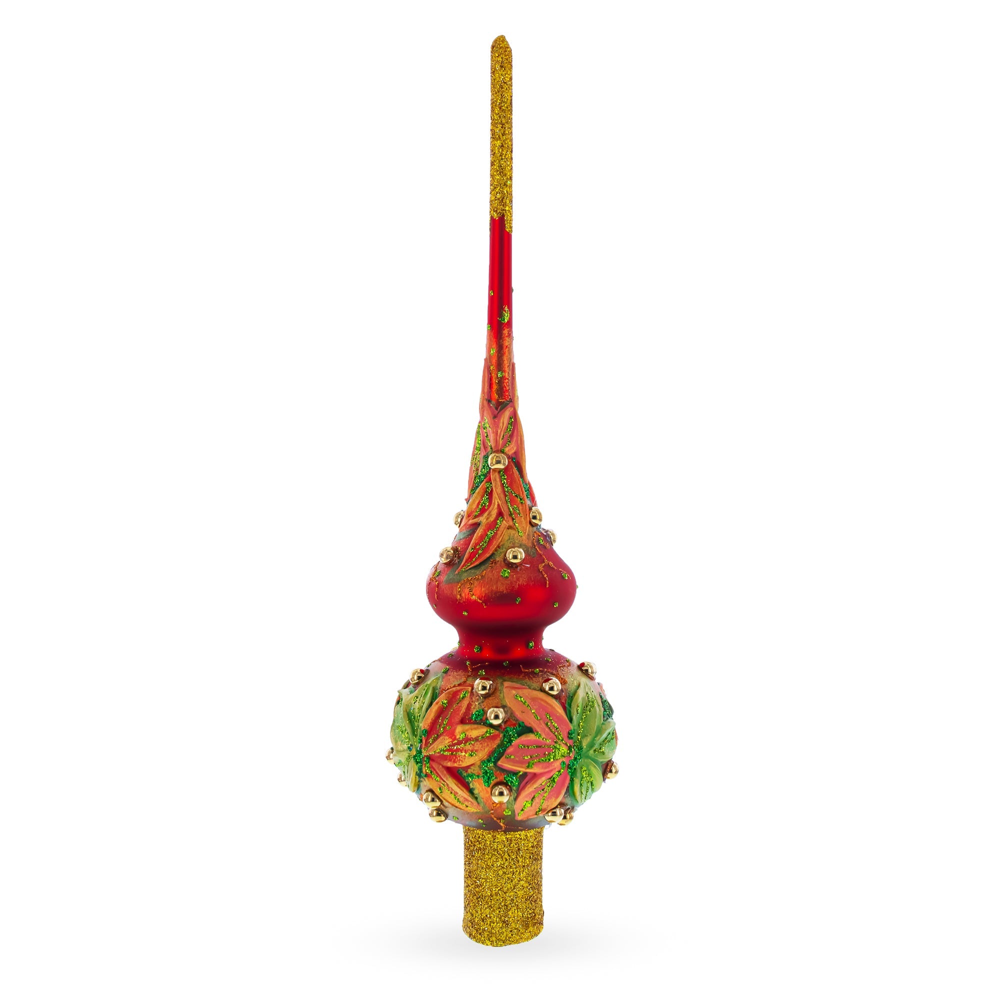 Red and Green Leaves on Red Glass Tree Topper