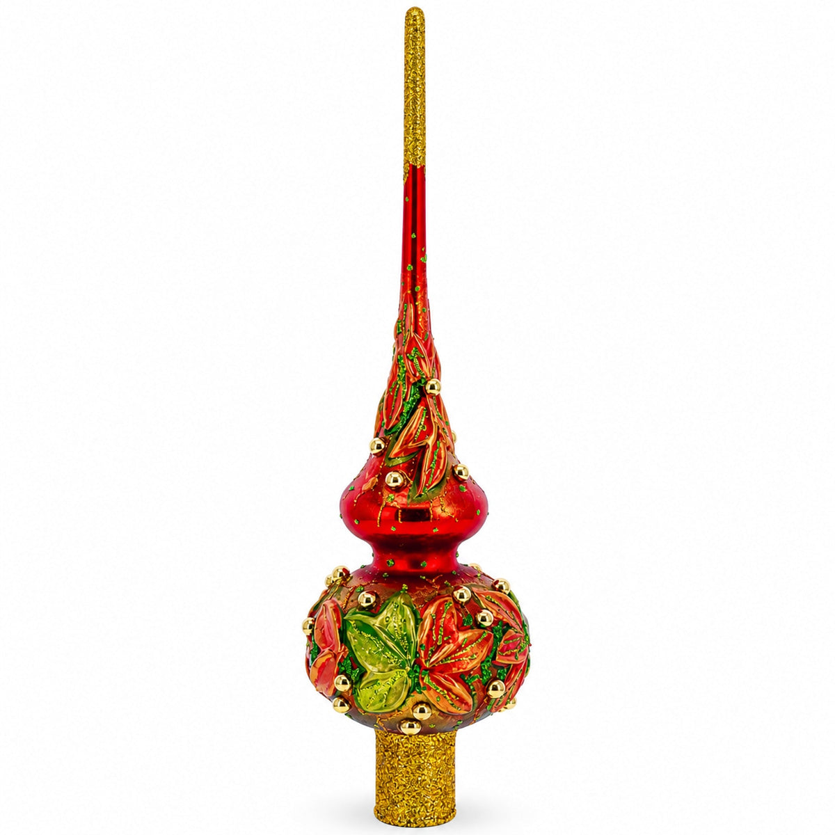 Red and Green Leaves on Red Glass Tree Topper