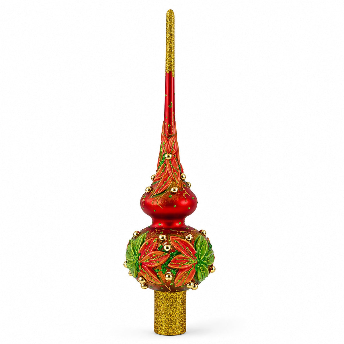 Red and Green Leaves on Red Glass Tree Topper