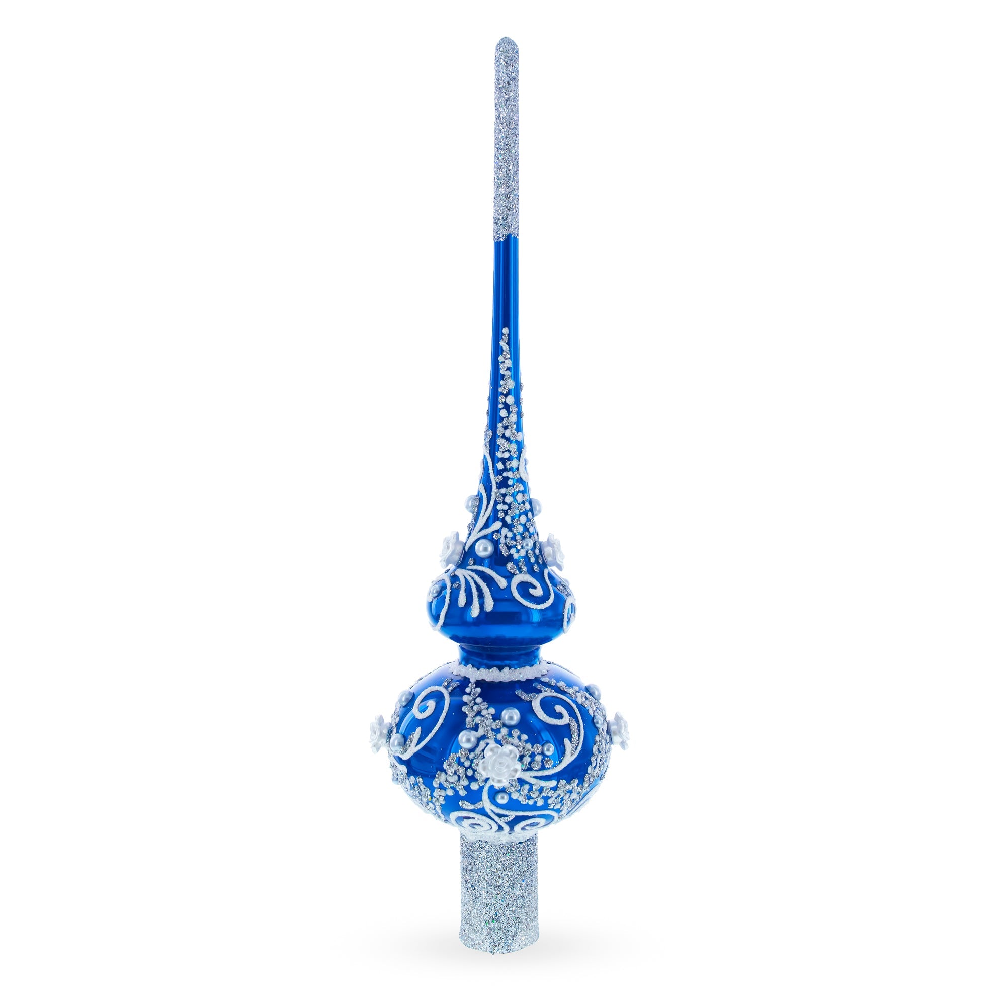 Silver Swirls on Blue Glass Tree Topper