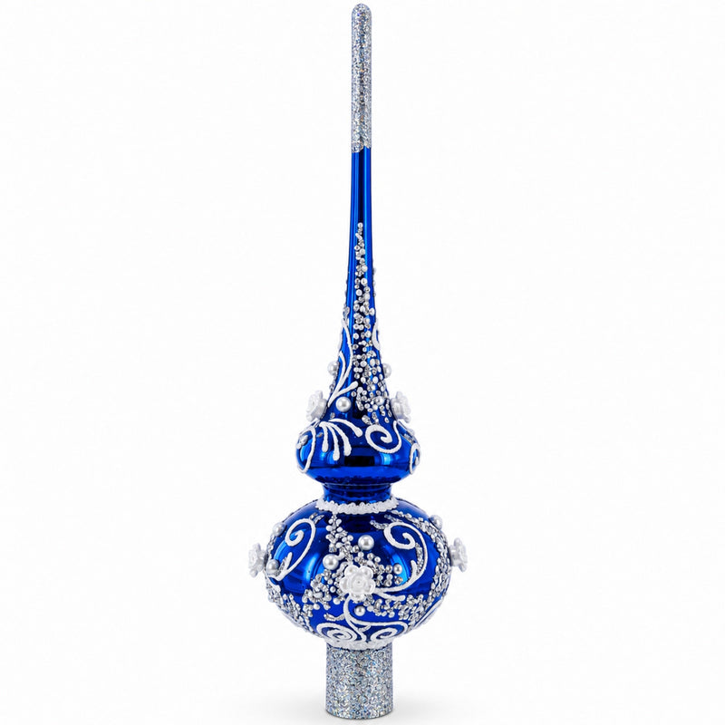 Silver Swirls on Blue Glass Tree Topper
