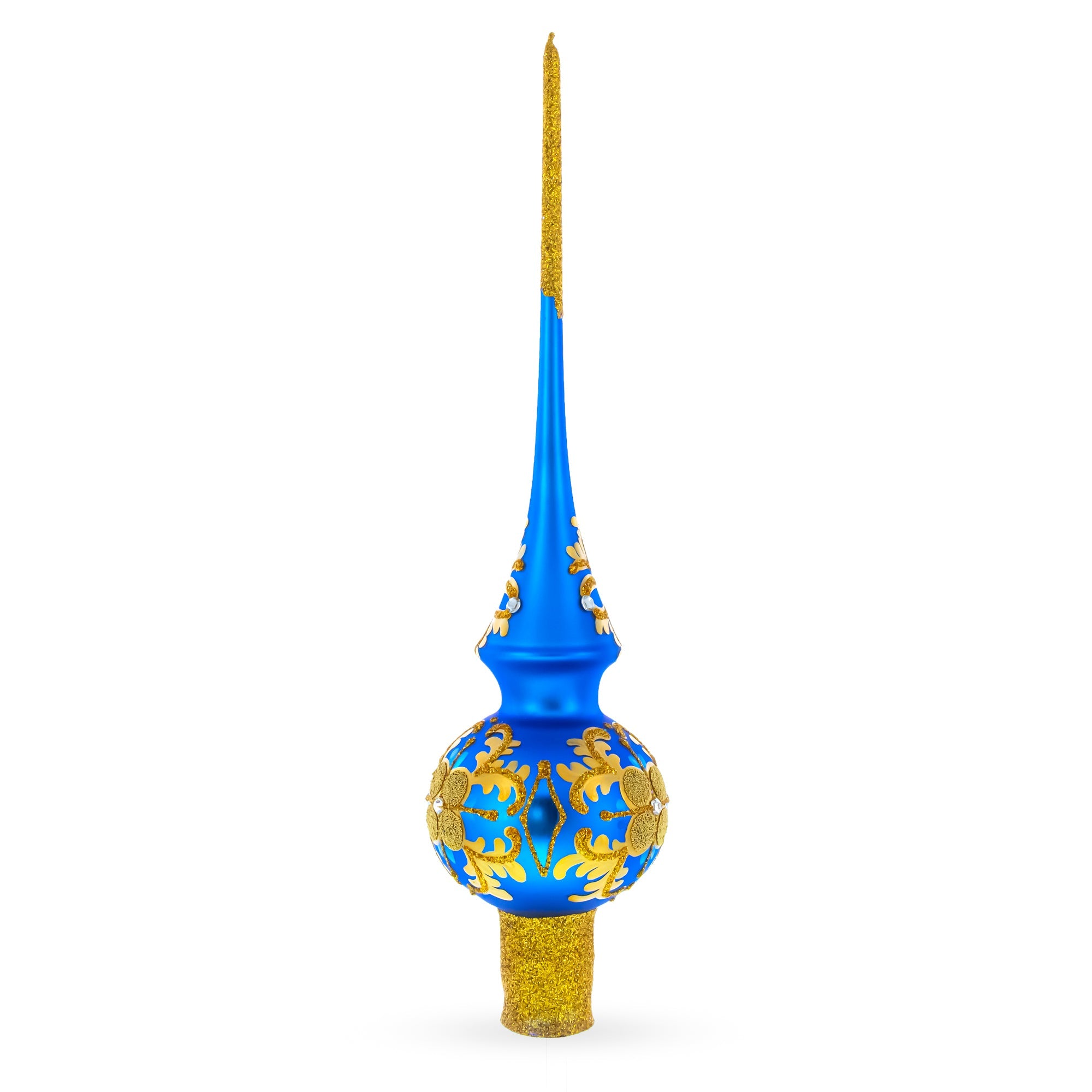 Jeweled Golden Leaves on Blue Glass Christmas Tree Topper 11 Inches