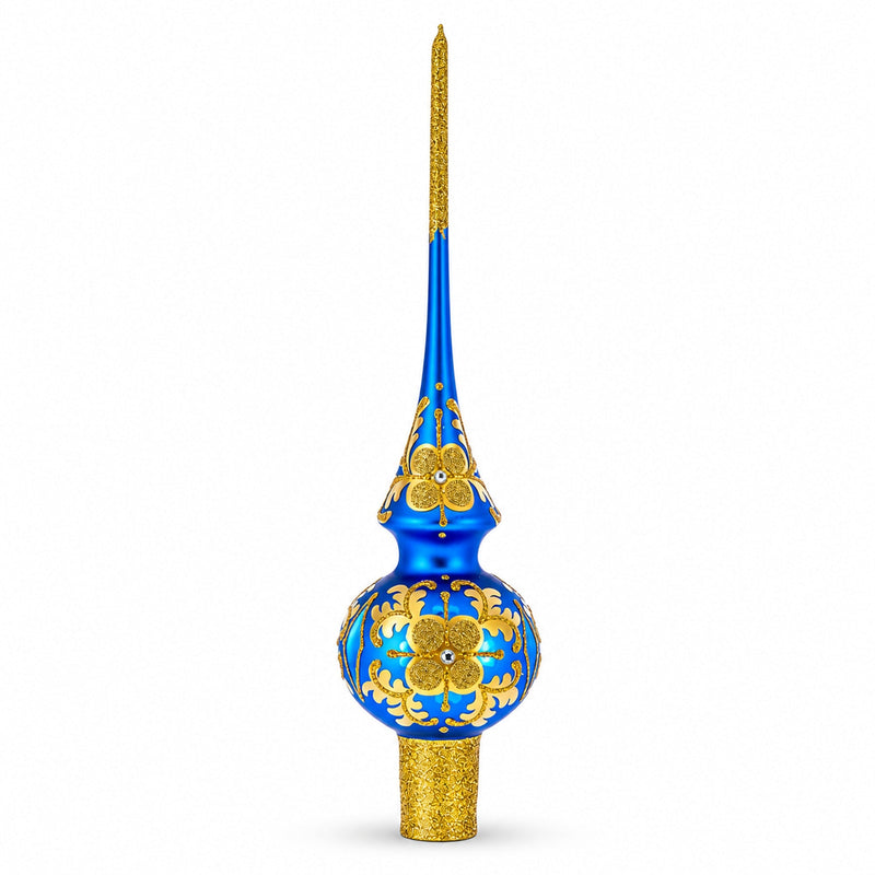 Jeweled Golden Leaves on Blue Glass Christmas Tree Topper 11 Inches