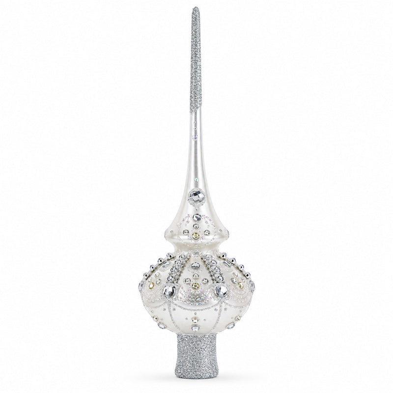 White Jewels on Silver Glass Christmas Tree Topper 11 Inches